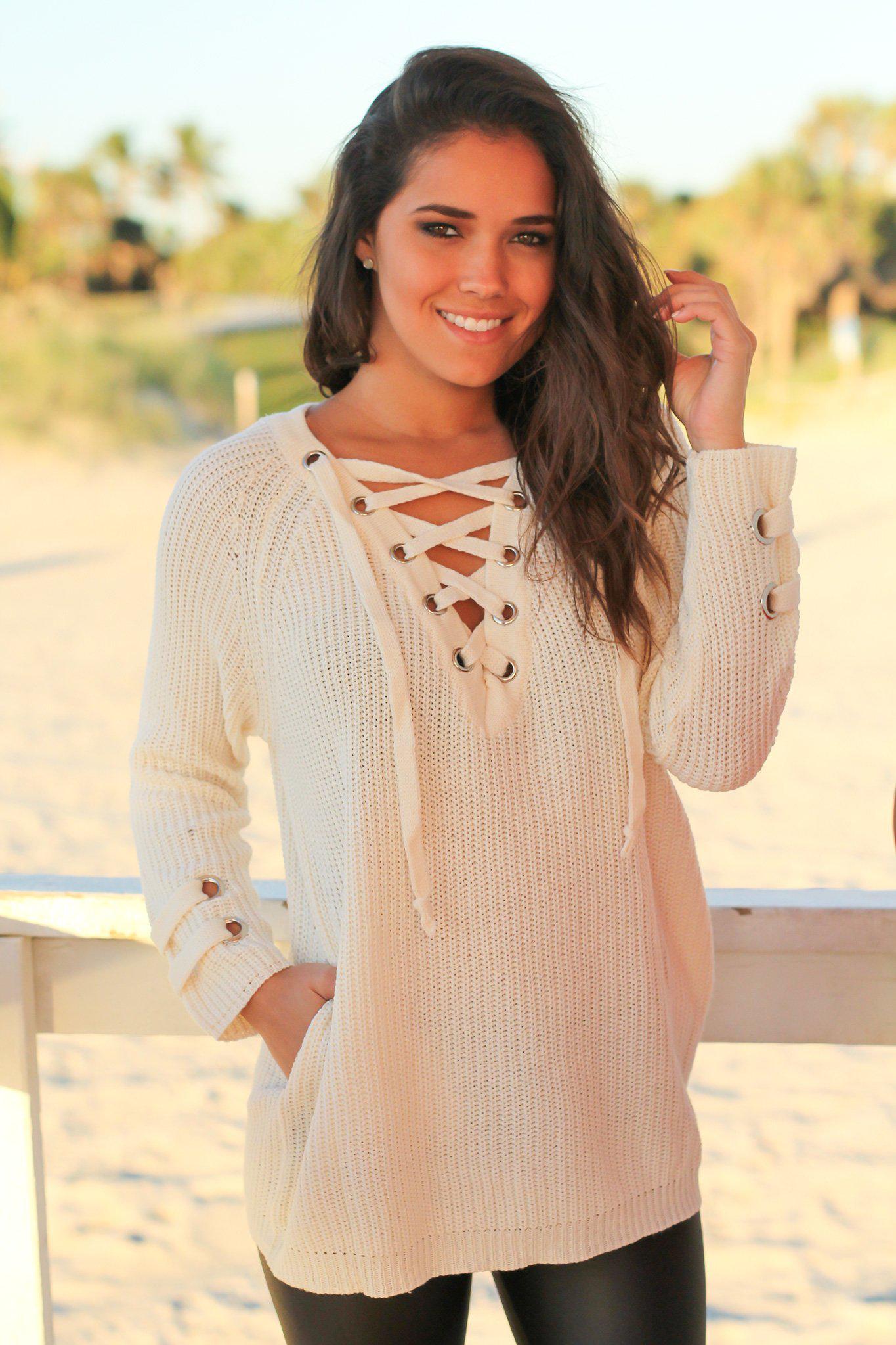 Cream Colored Lace Up Knitted Women's Sweater for Fall and Winter