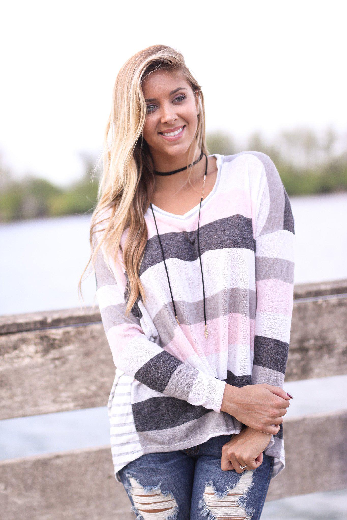 Stylish Ivory and Pink Striped Back Long - Sleeve Top