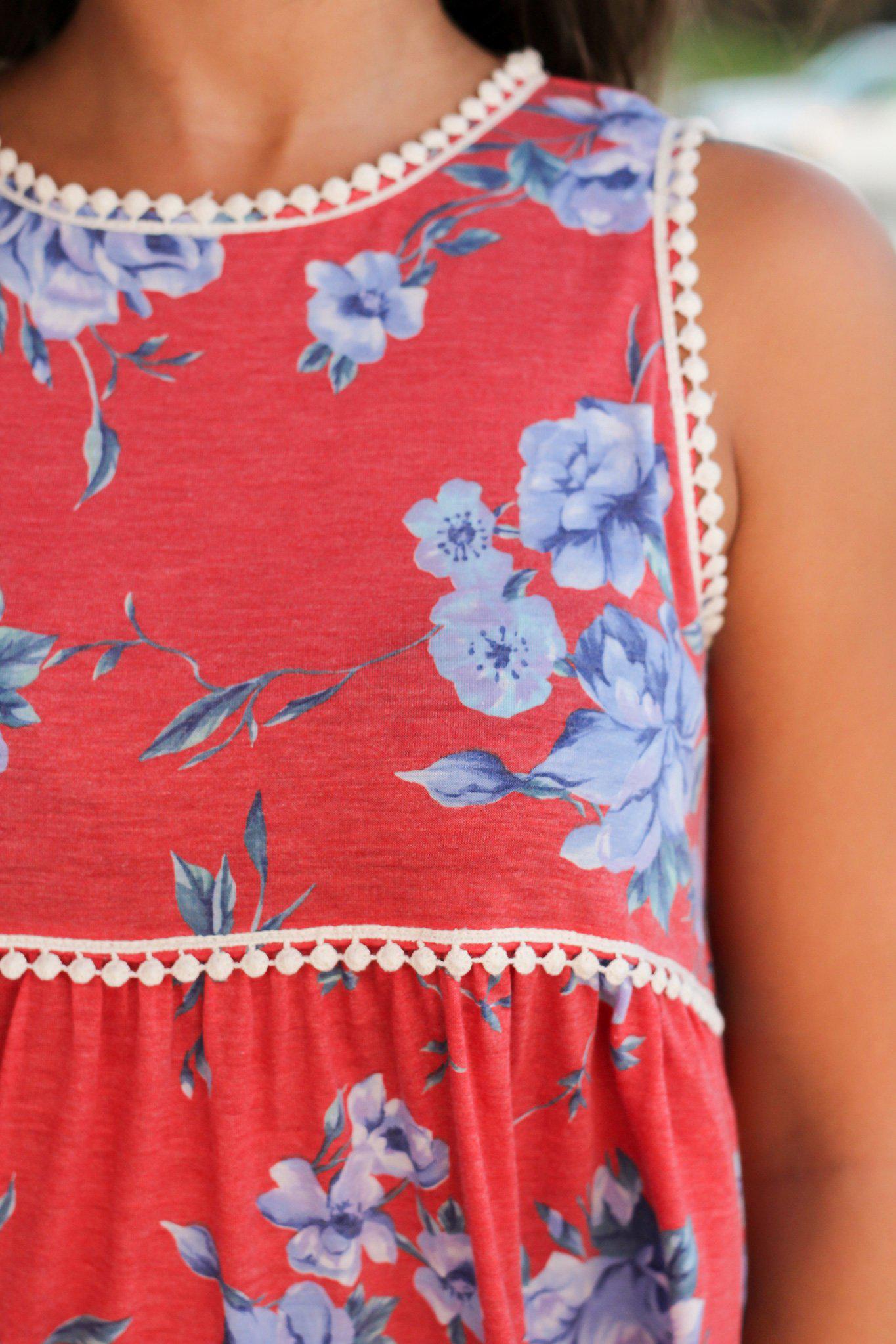 Women's Coral, Blue, and Ivory Sleeveless Floral Blouse with Crochet Embellishment