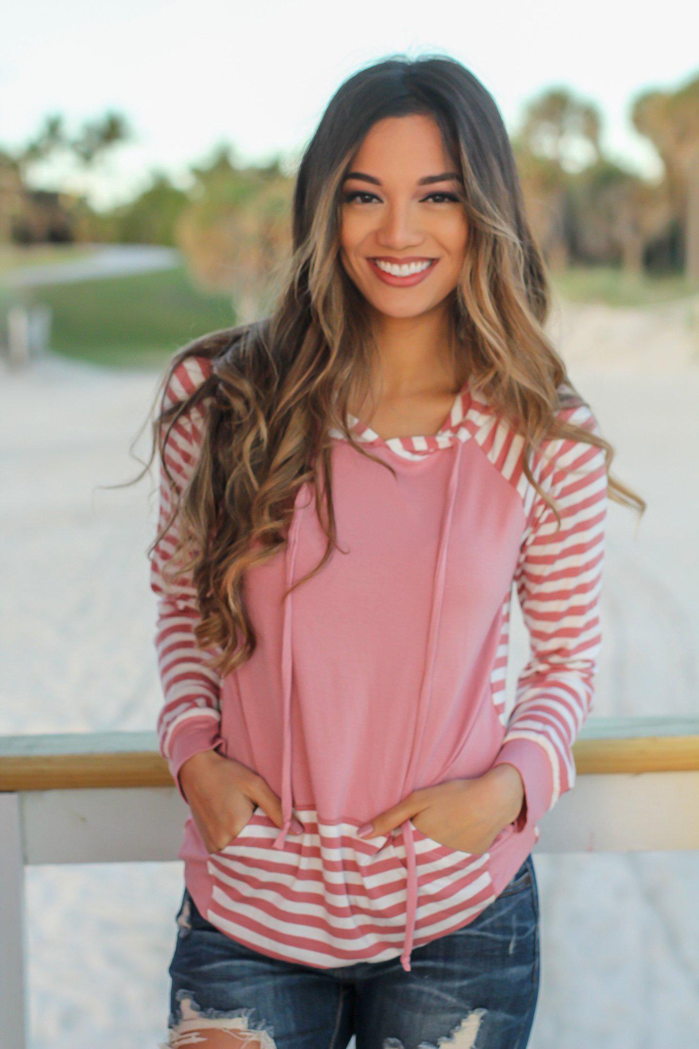 Stylish Mauve Striped Women's Casual Hoodie for All-Day Comfort