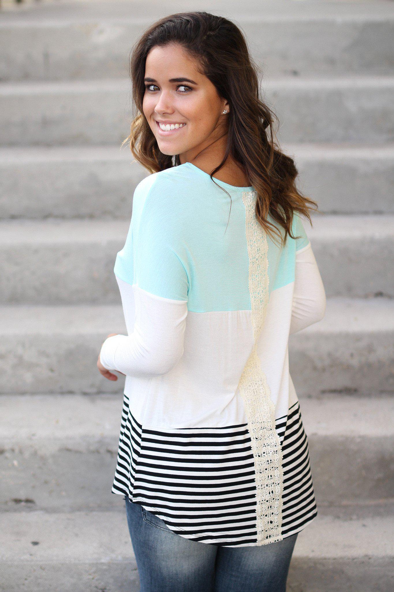Fashionable Mint and Ivory Color Block Crochet Top for Cold Fall Days