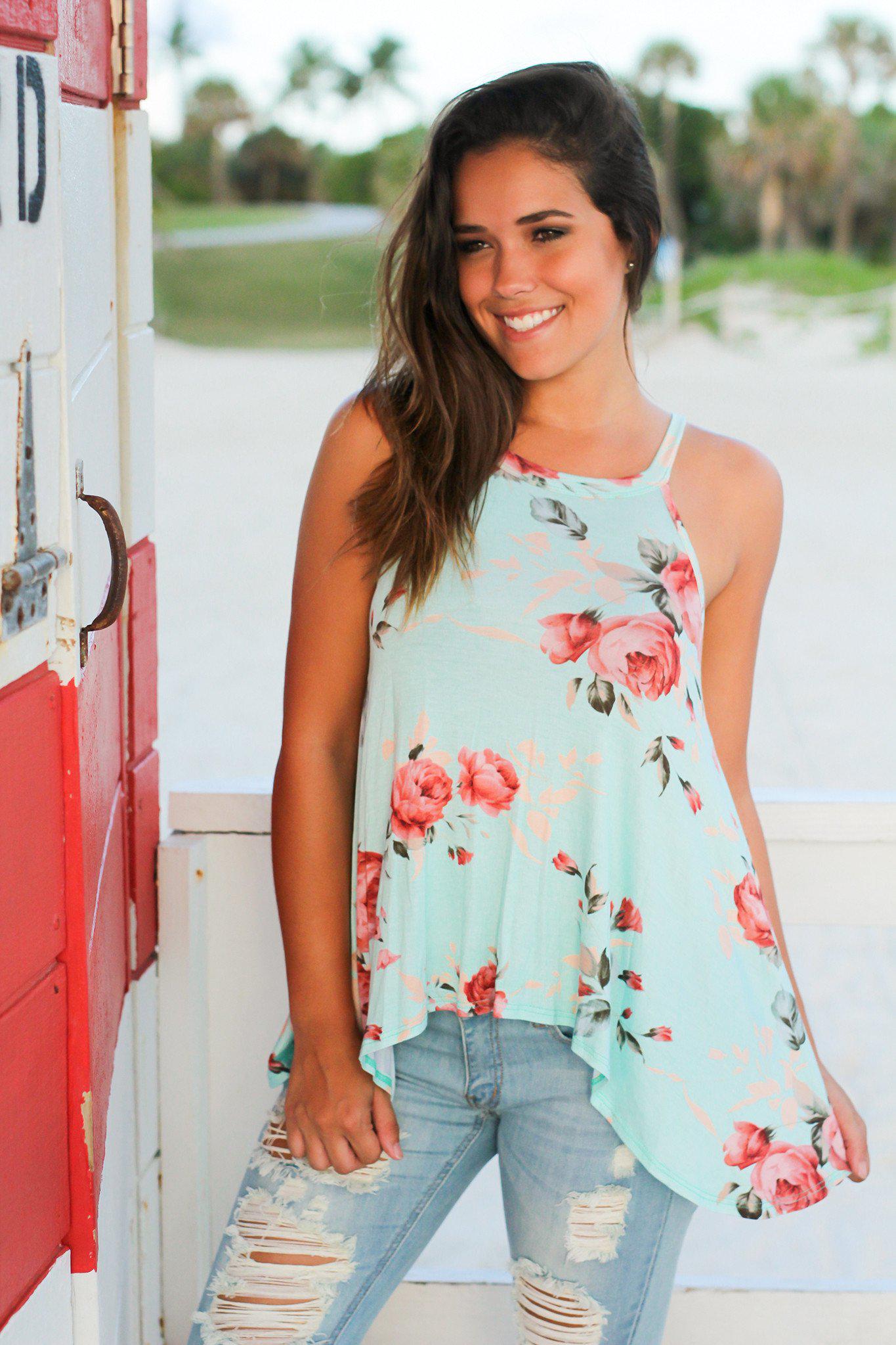 Stylish Mint Floral High Neck Sleeveless Racer Back Top