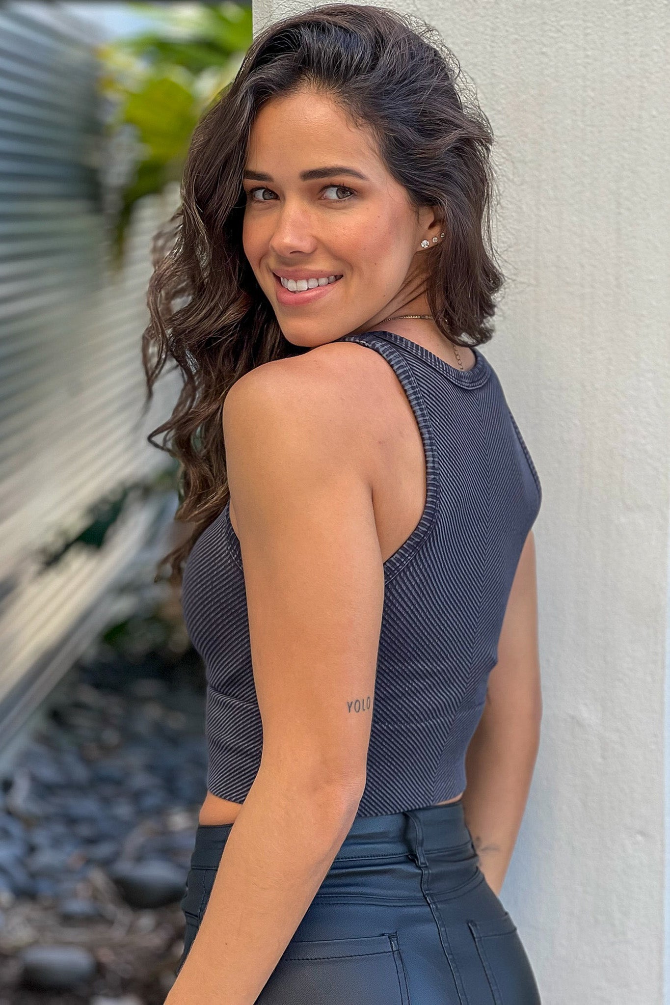 Adorable Washed Black Ribbed High Neck Sleeveless Crop Top