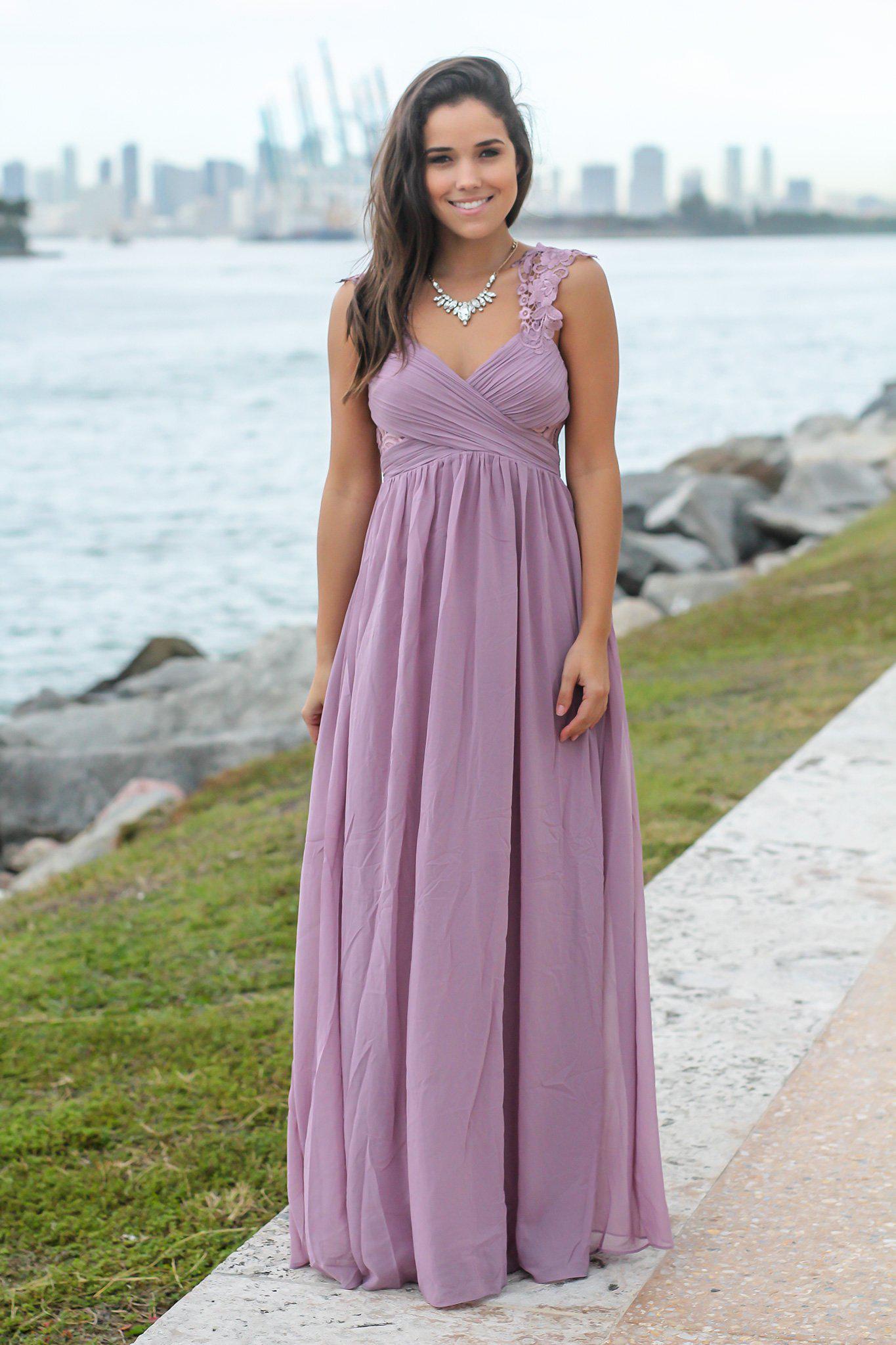 Gorgeous Mauve Women's Maxi Dress Featuring Pleated Top and Intricate Crochet Detail