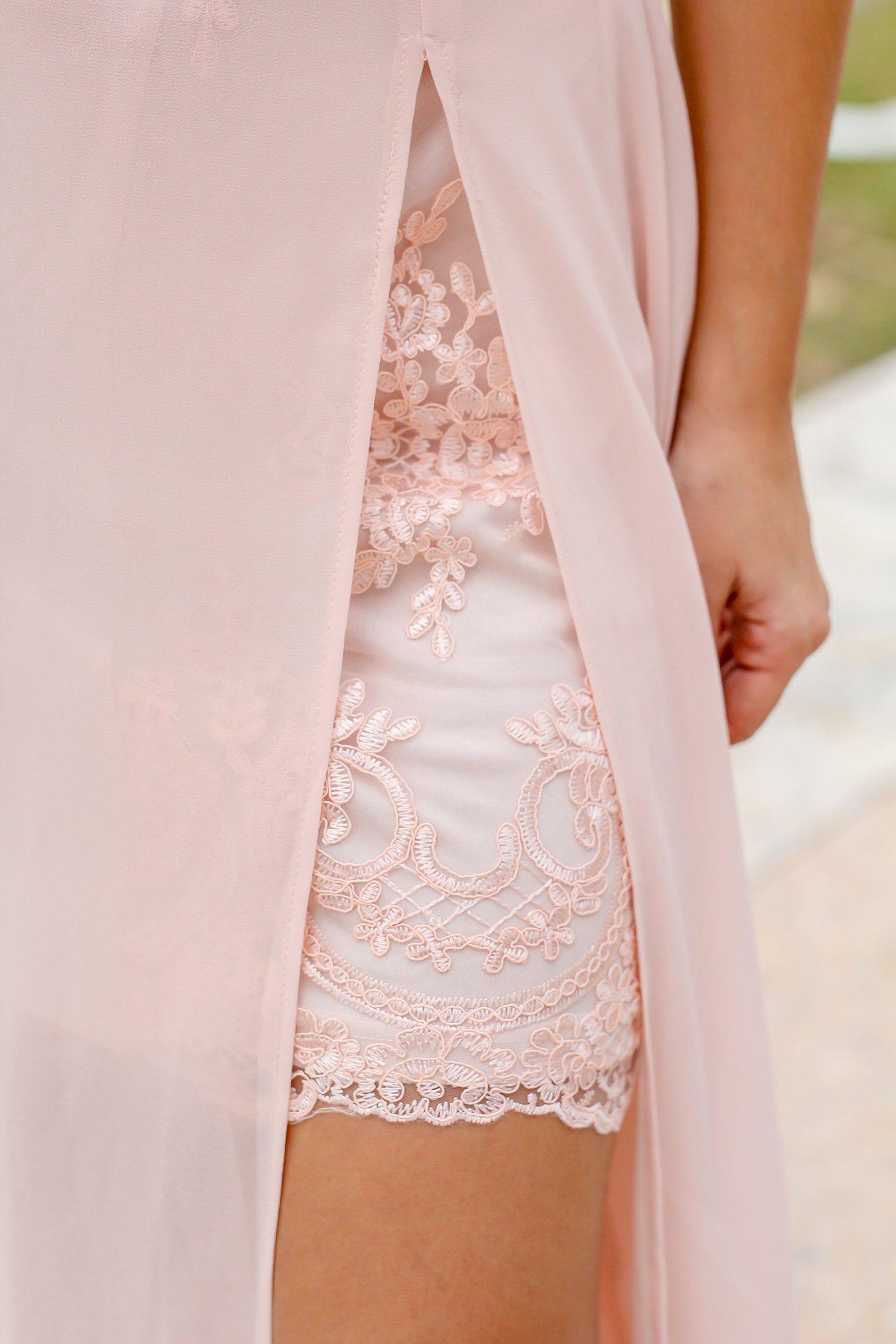 Gorgeous Blush Crochet-Embroidered Maxi Dress with Side Slit