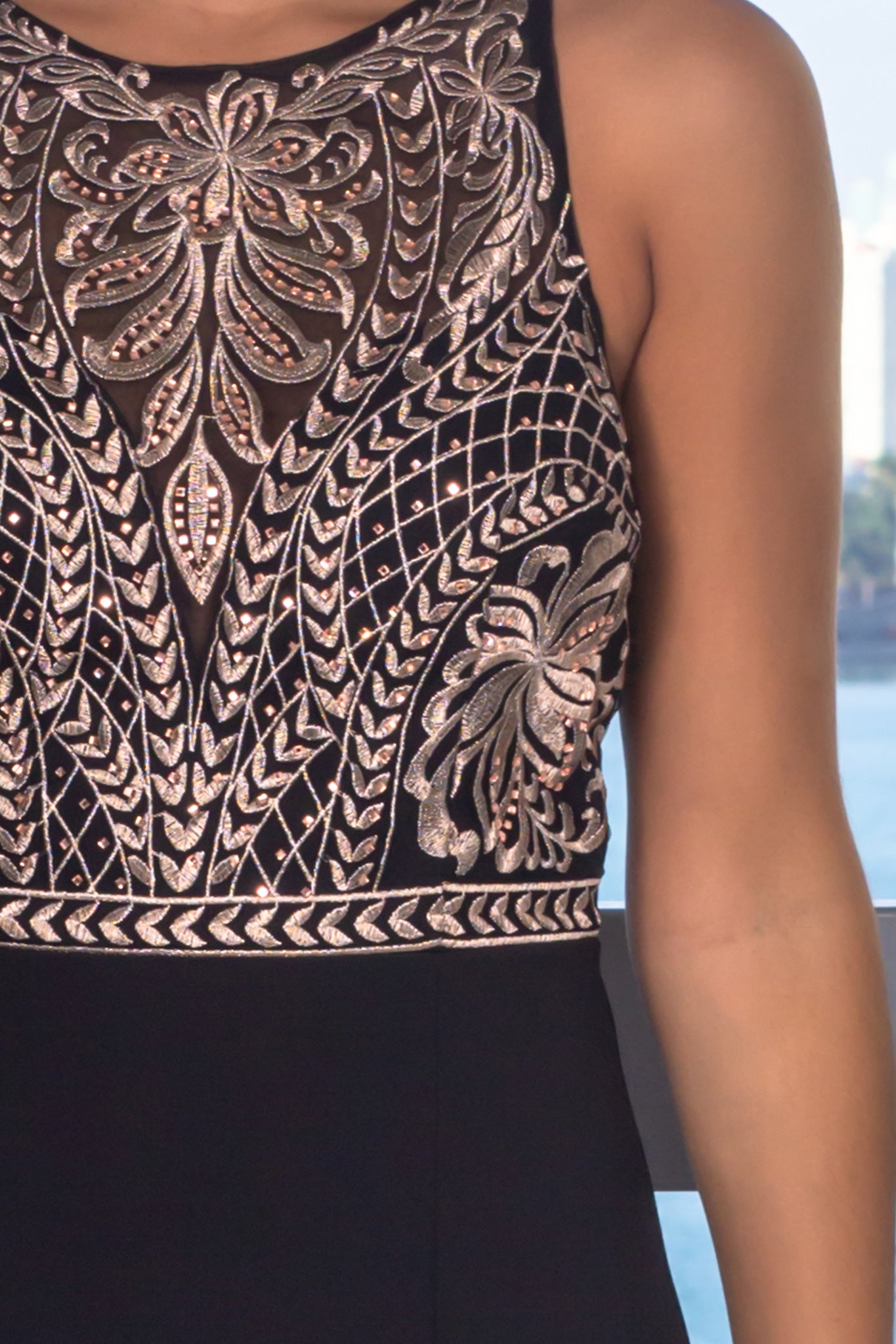 Gorgeous Black Maxi Dress with Jeweled Top and Mesh Back