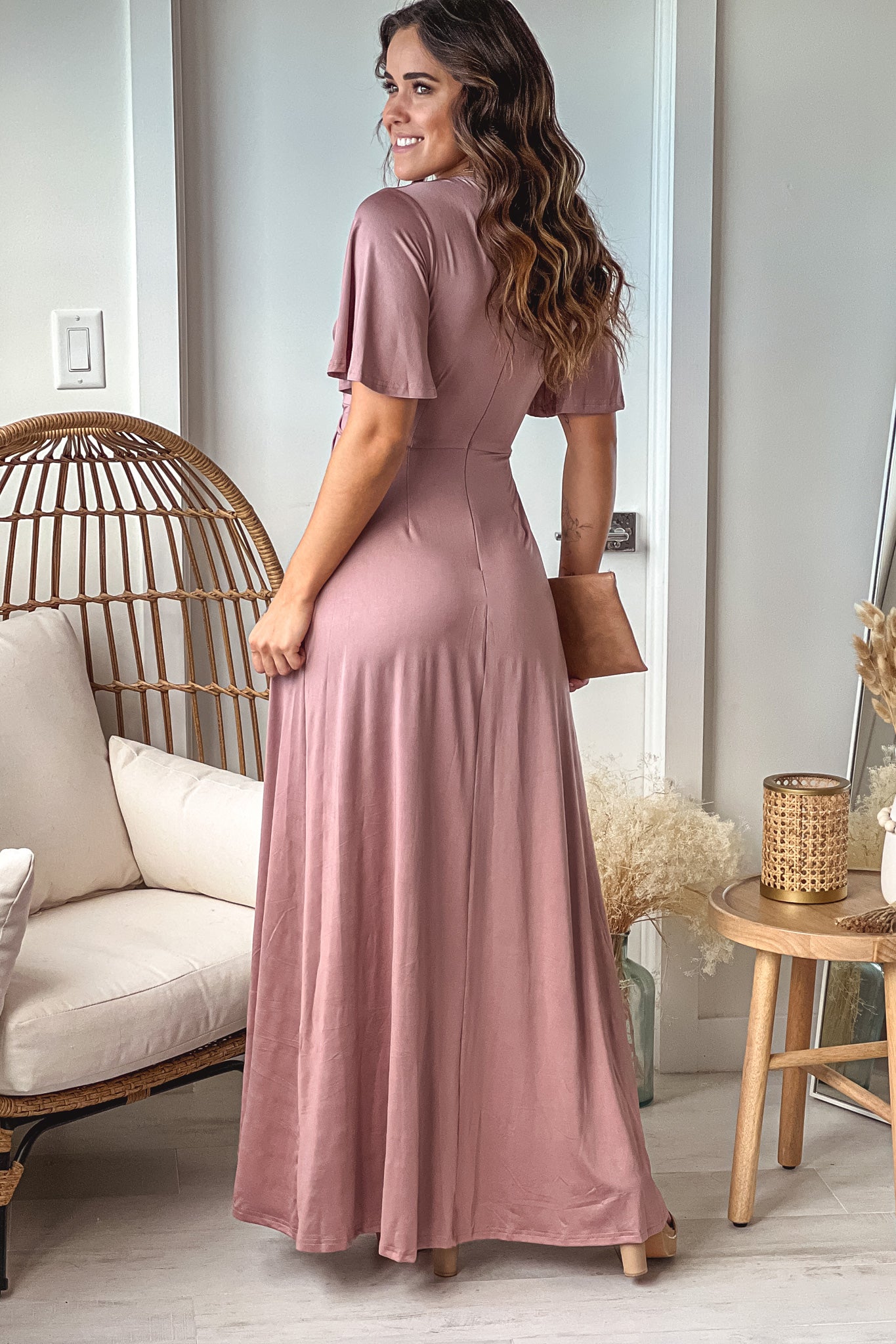 Charming Blush-Colored High Low Style Dress with Short Bell Sleeves and Waist Twist Detail