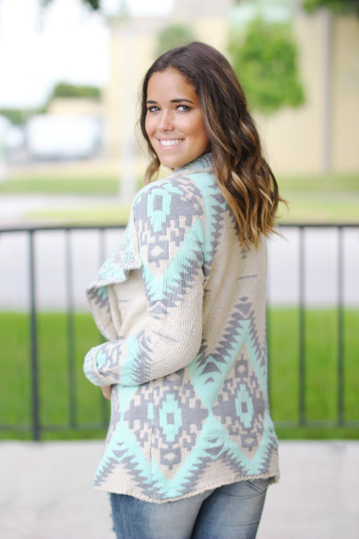 Stylish Mint and Gray Aztec Patterned Women's Cardigan for Fall and Winter