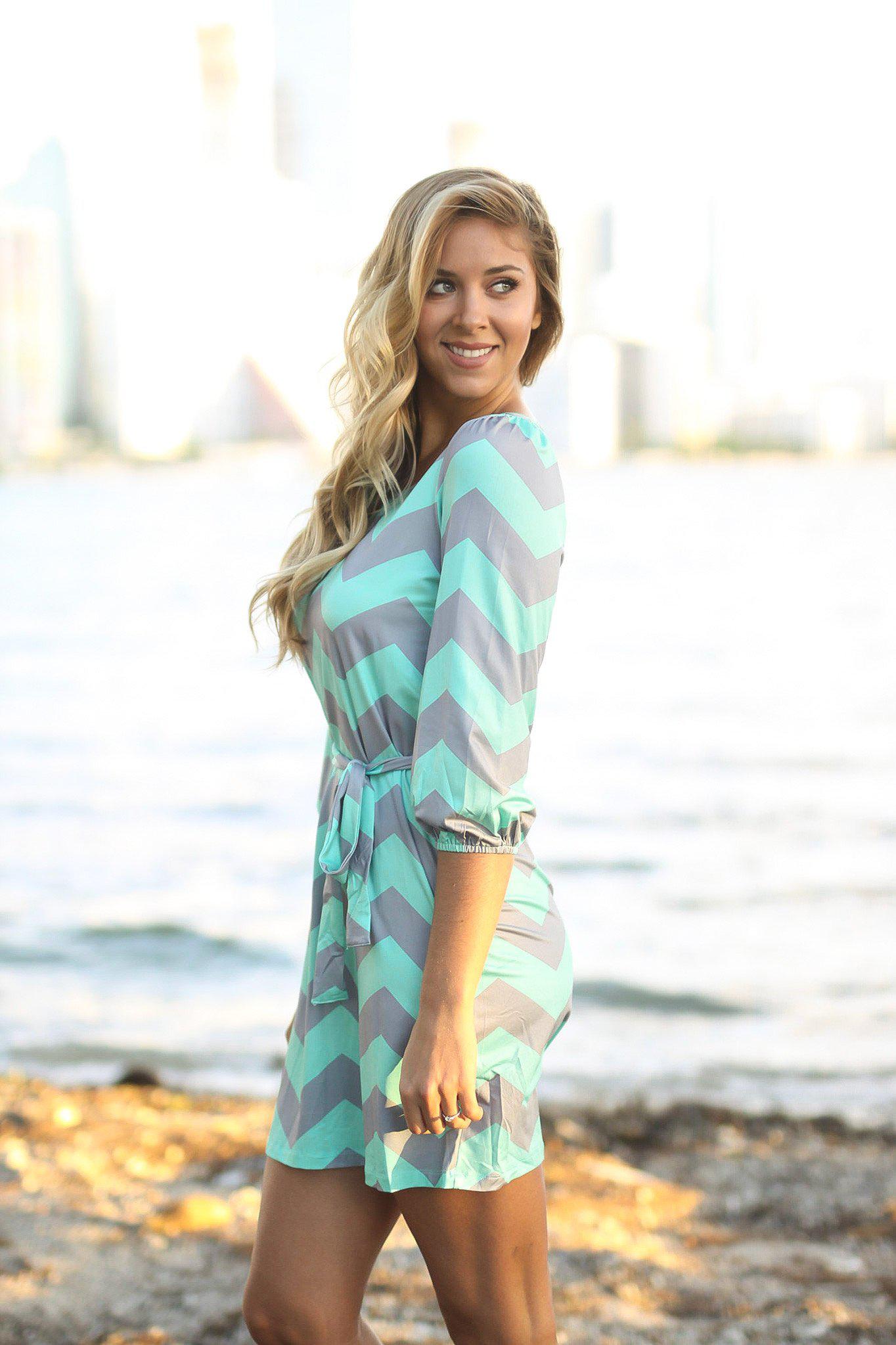 Stylish Mint and Silver Chevron Patterned Short Women's Dress