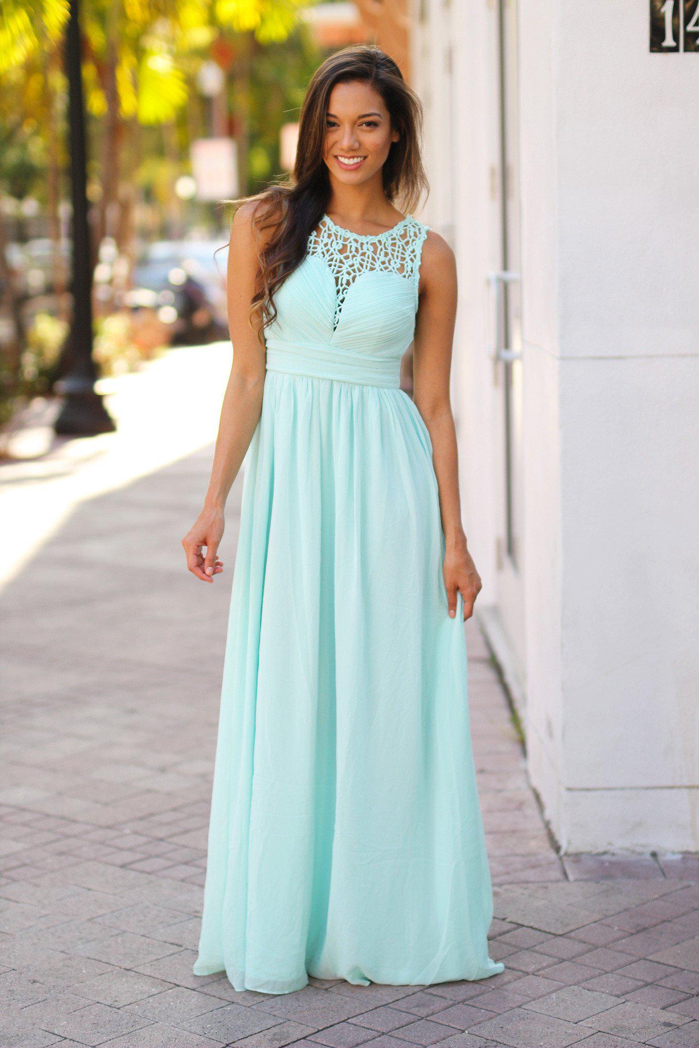 Exquisite Mint Green Crochet Design Maxi Bridesmaid Dress