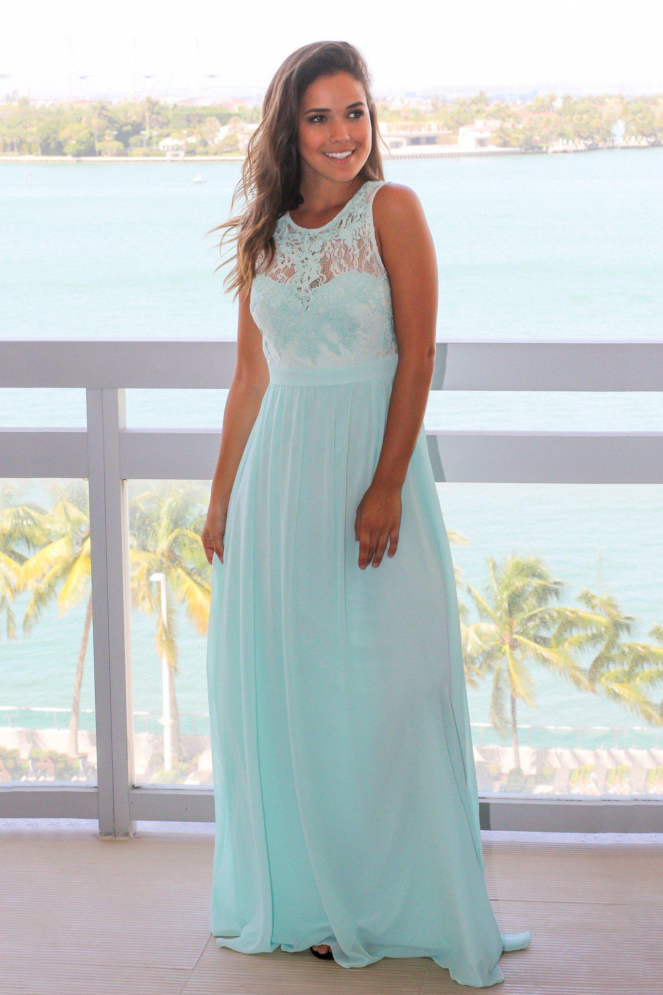 Exquisite Mint Green Chiffon Maxi Bridesmaid Dress with Delicate Lace Top