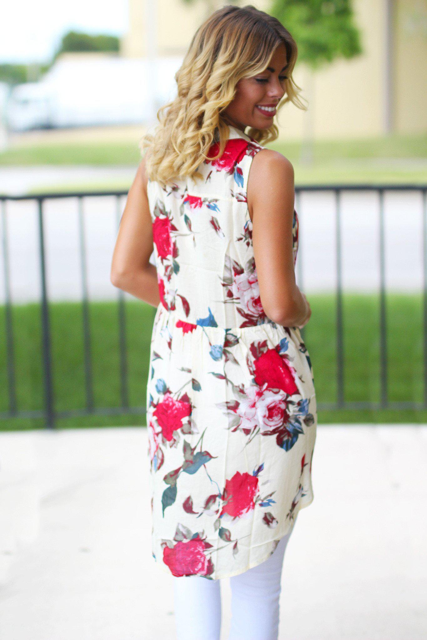 Stylish Cream Floral High-Low Sleeveless Button-Down Top