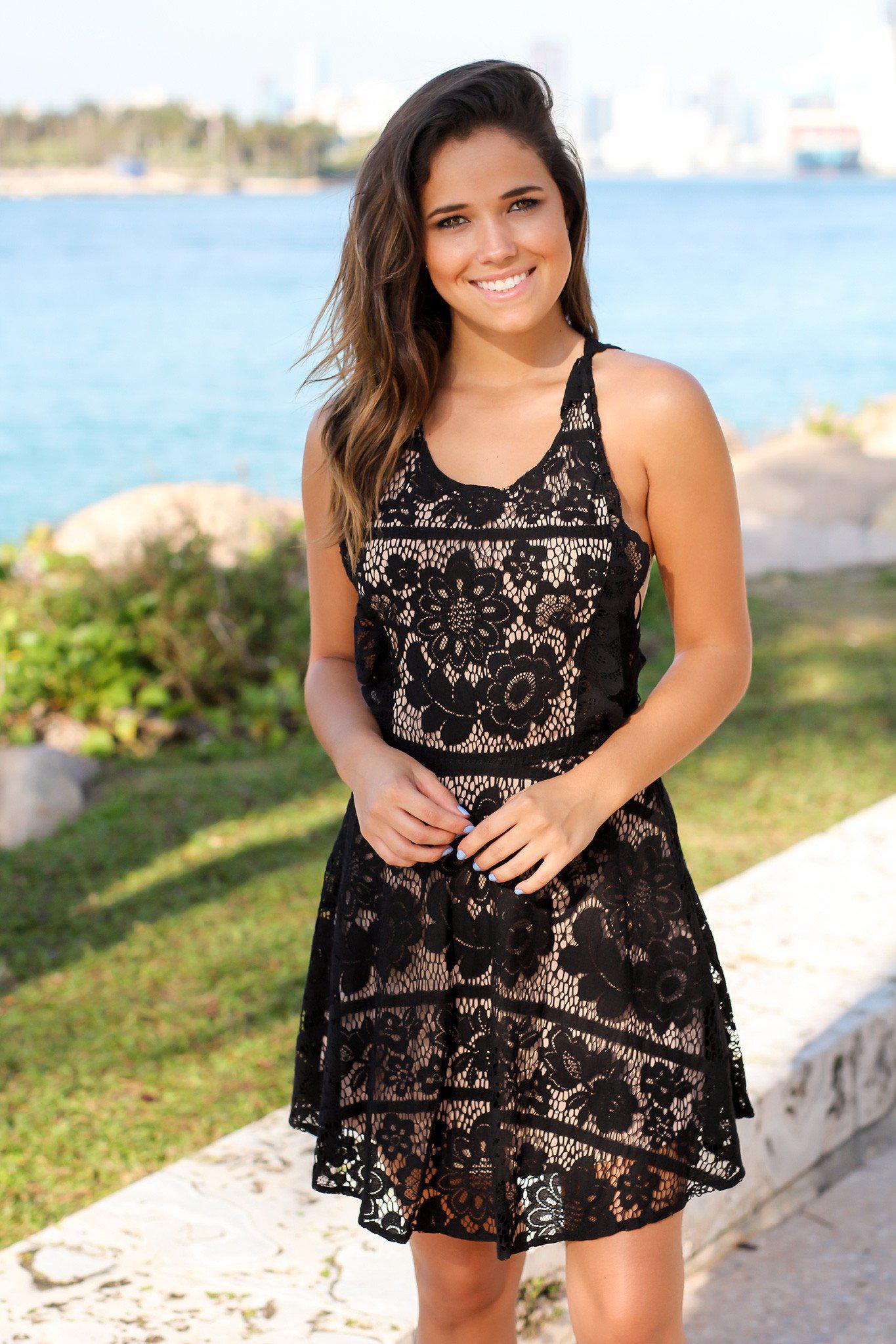 Stylish Women's Black All-Over Lace Short Dress Featuring Criss Cross Back Design