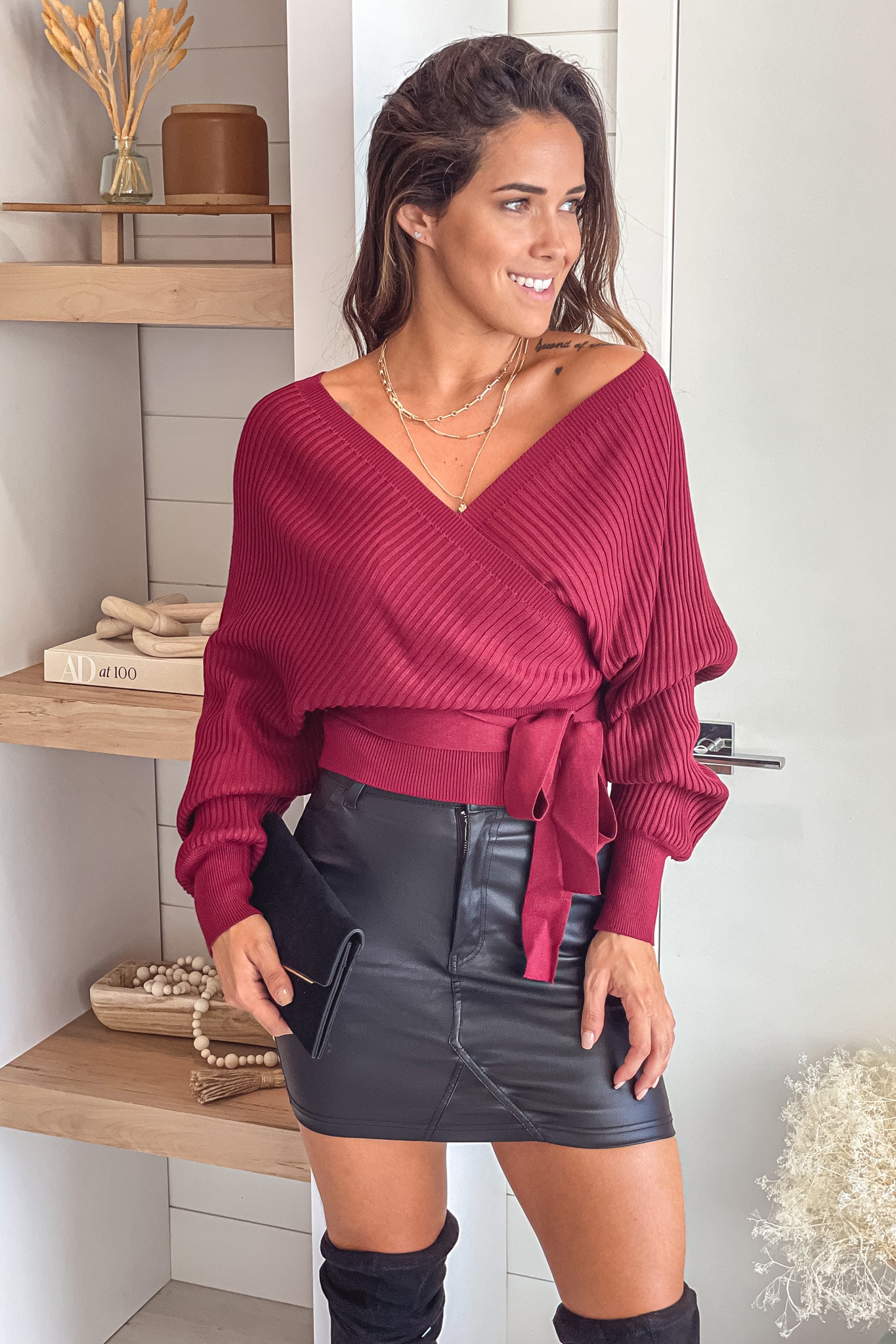 Cherry Stone Fashionable Dolman-Style Wrap Women's Top With Decorative Tie