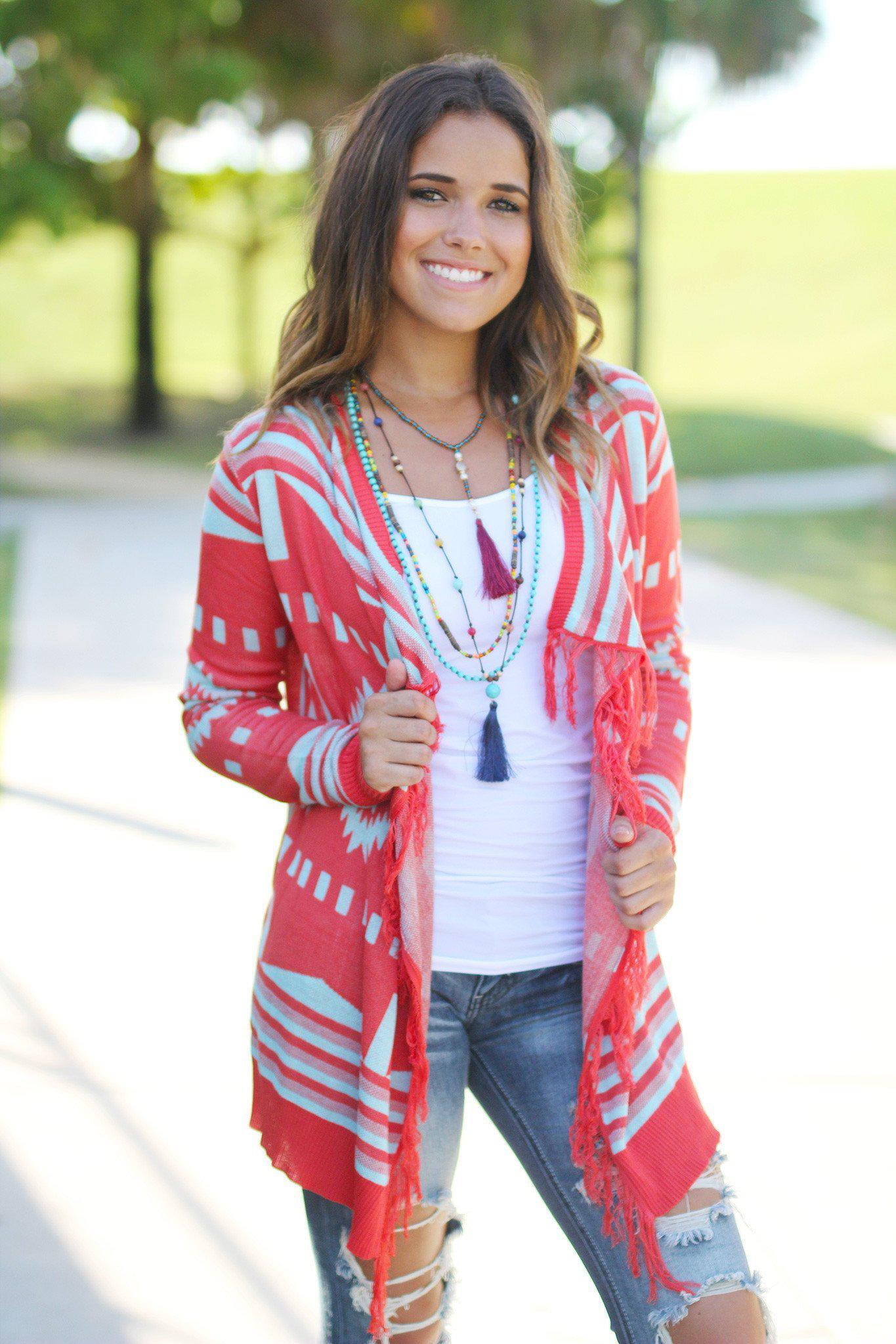 Stylish Coral and Mint Colored Fringe Open Cardigan for Warmth
