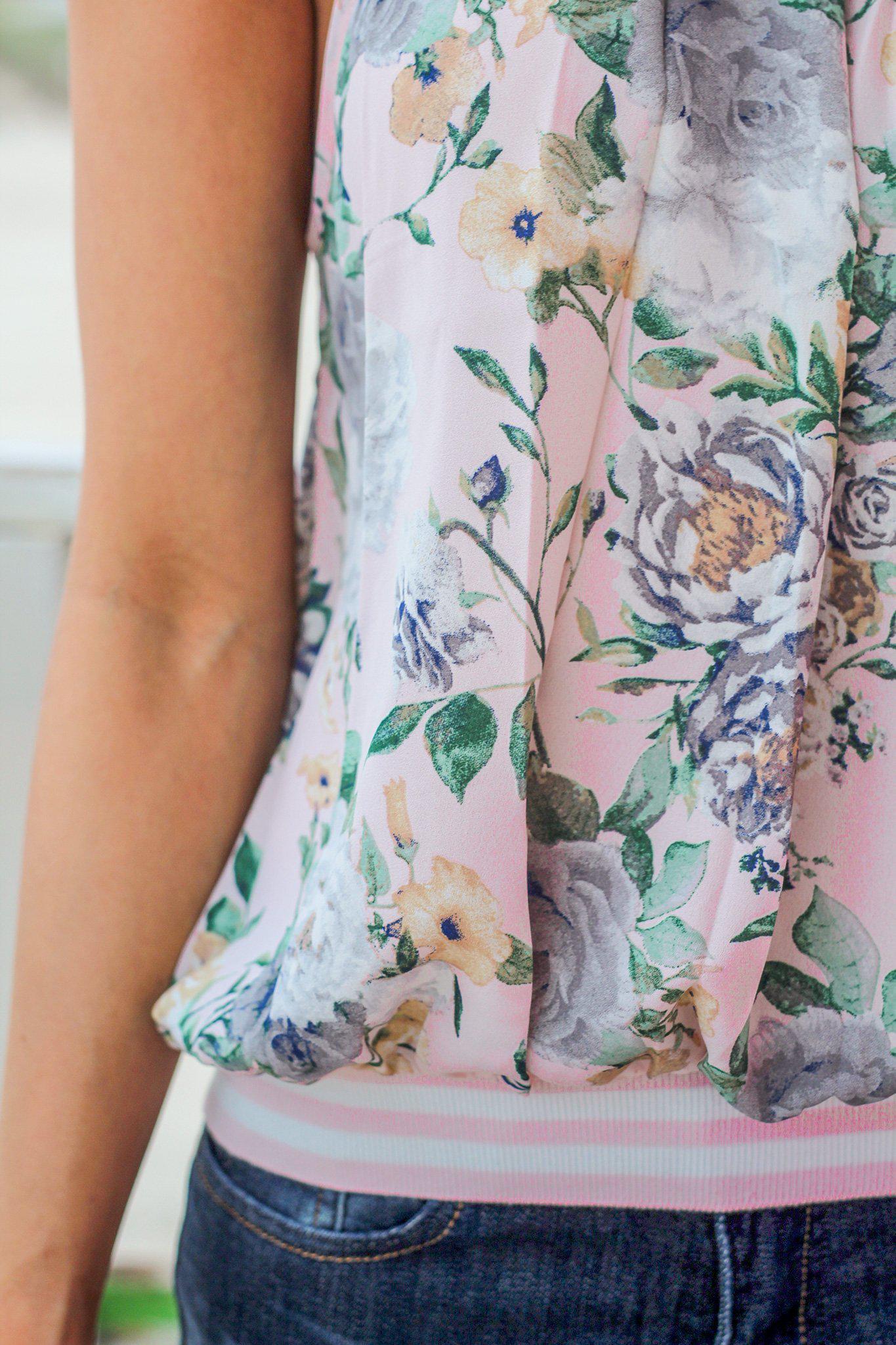 Charming Blush Floral Halter Pleated Sleeveless Tank Top