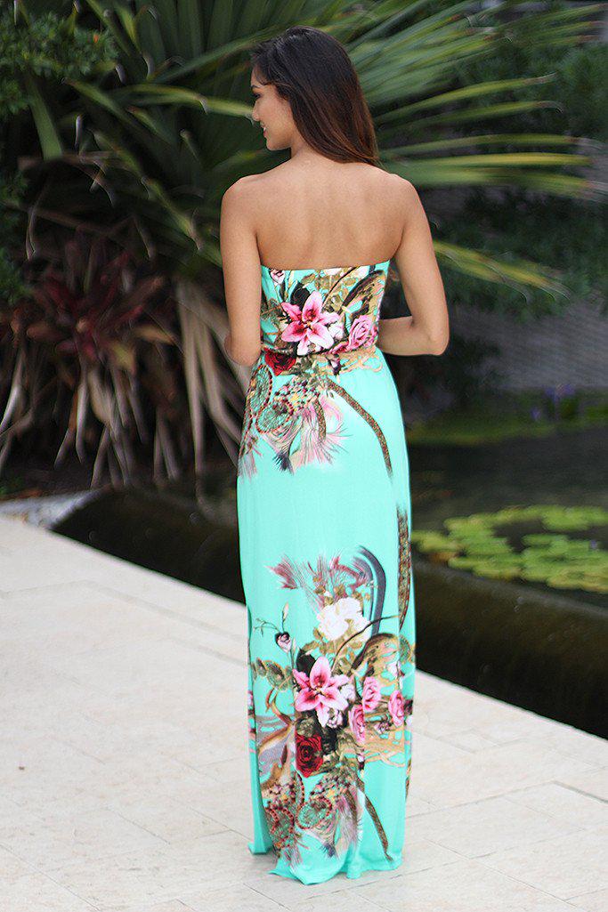 Stunning Mint Floral Strapless Maxi Dress with Beautiful Slit