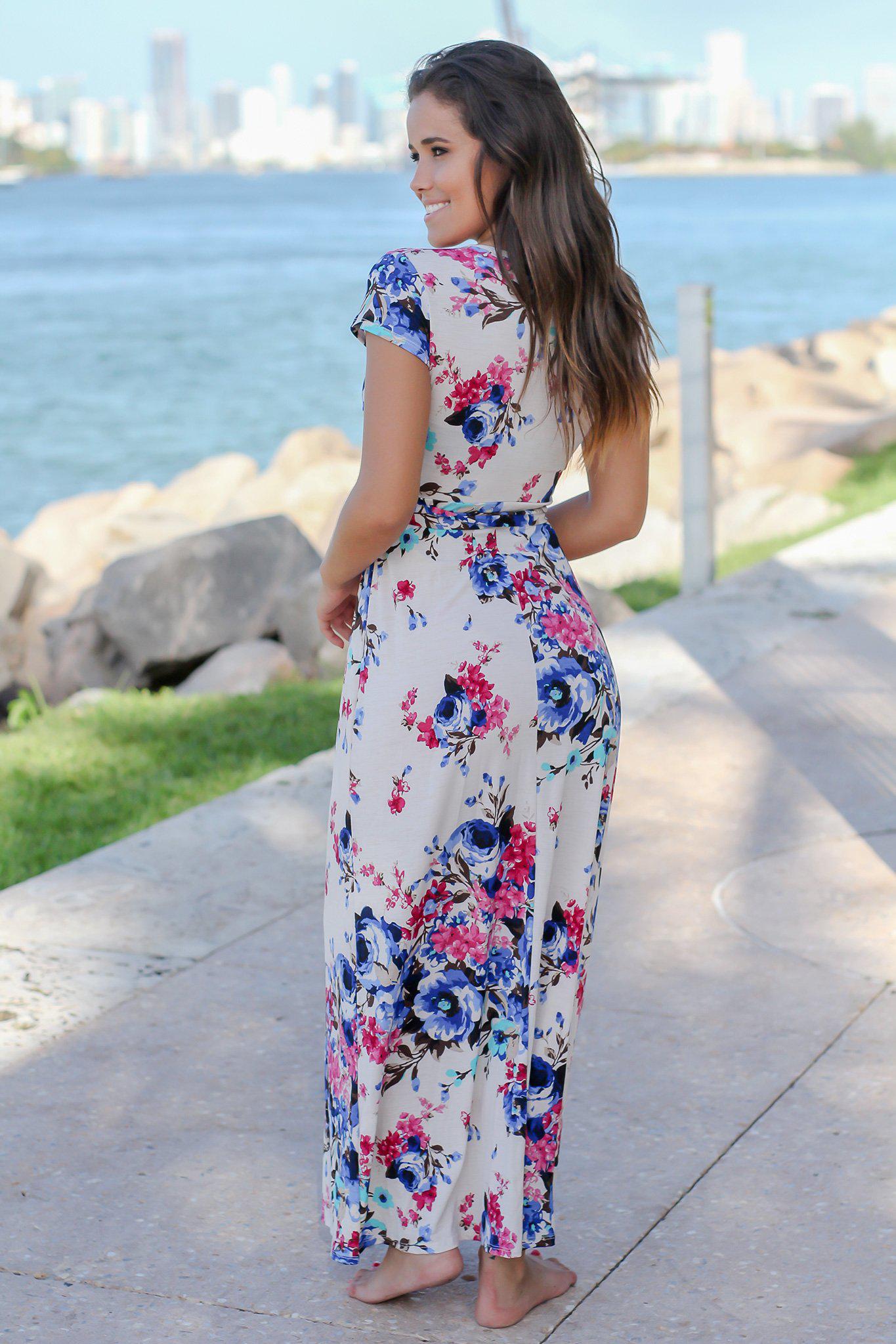 Comfy Ivory, Pink, Aqua & Green Floral Short-Sleeve Maxi Dress