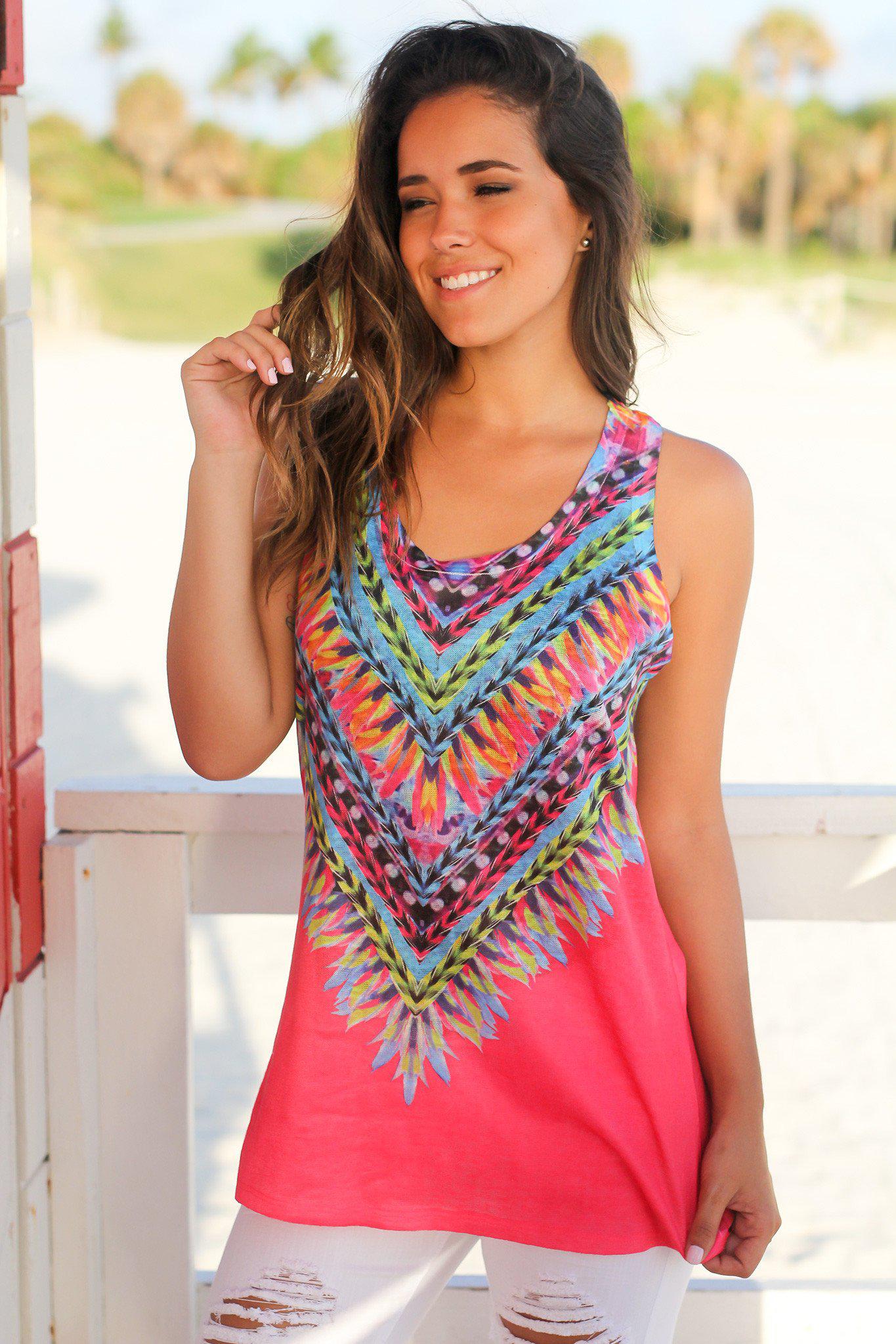 Stylish Coral Tribal Multi - Color Sleeveless Tank Top