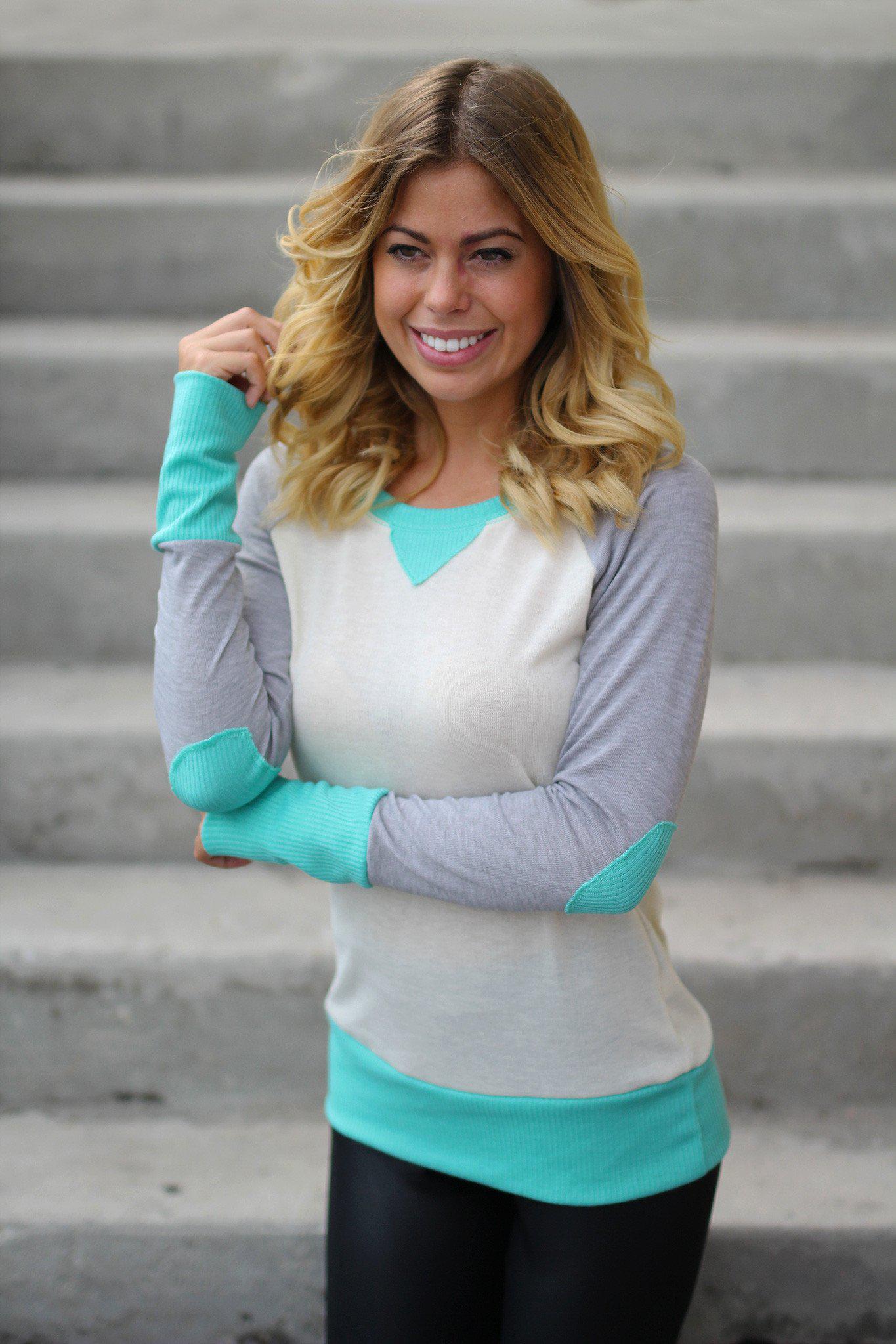 Fashionable Mint and Cream Colored Women's Top Featuring Adorable Elbow Patches