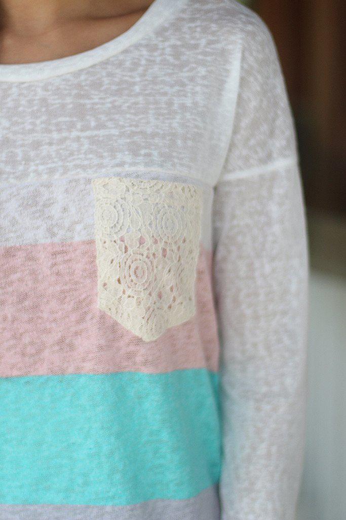 Adorable Coral, Mint & Lavender Long Sleeve Top with Crochet Pocket