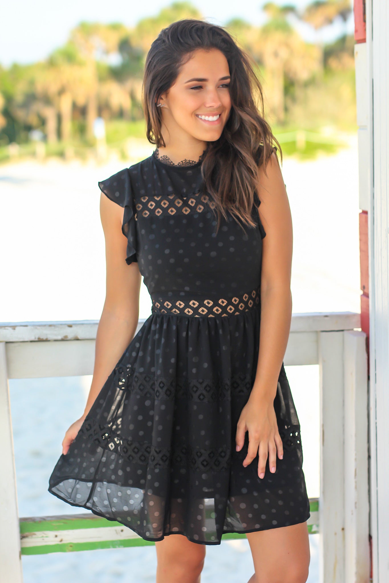 Cute Black Short Dress with Polka - Dot Lace Detailing