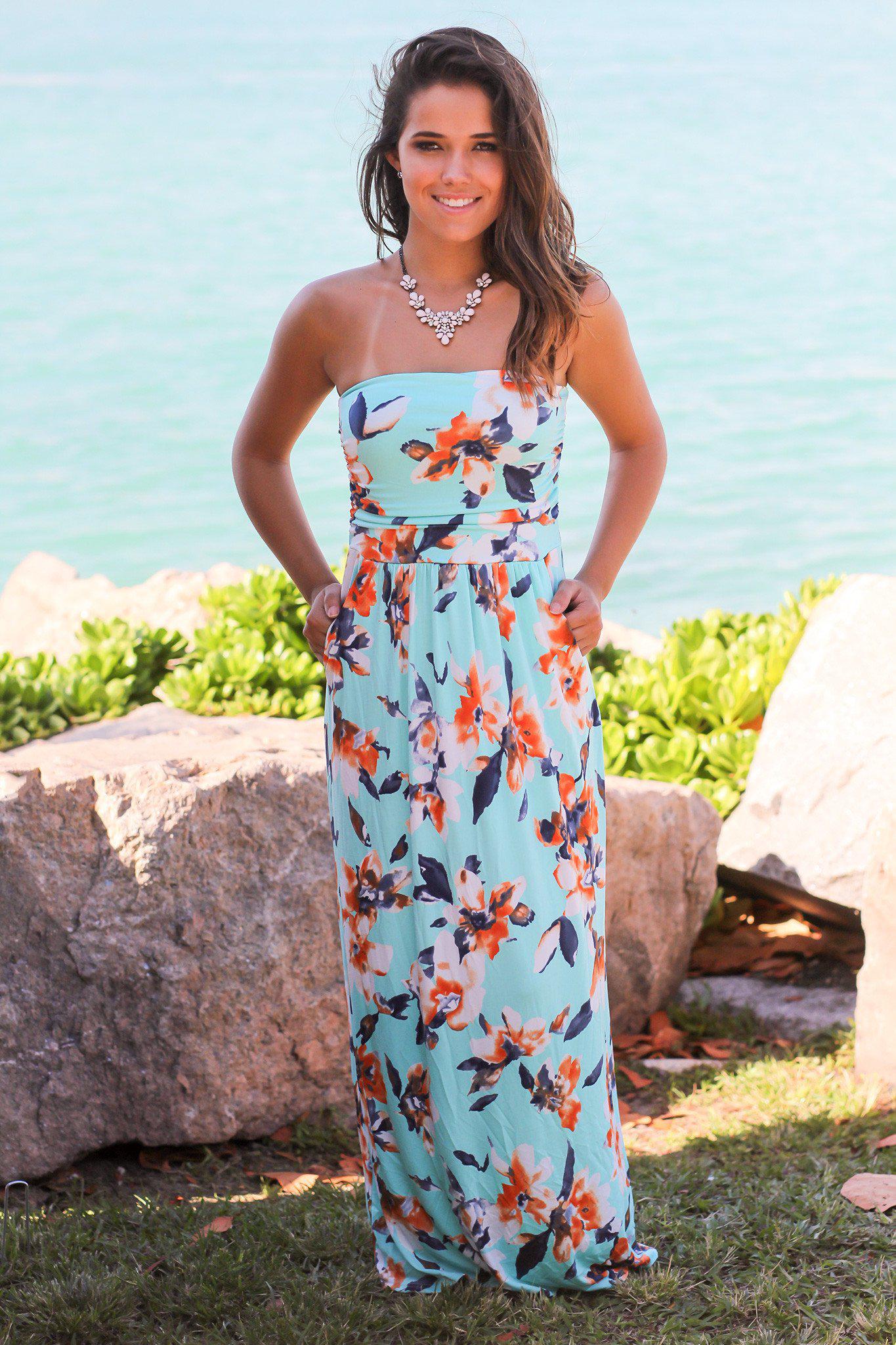 Comfy Mint and Orange Floral Strapless Maxi Dress with Functional Pockets