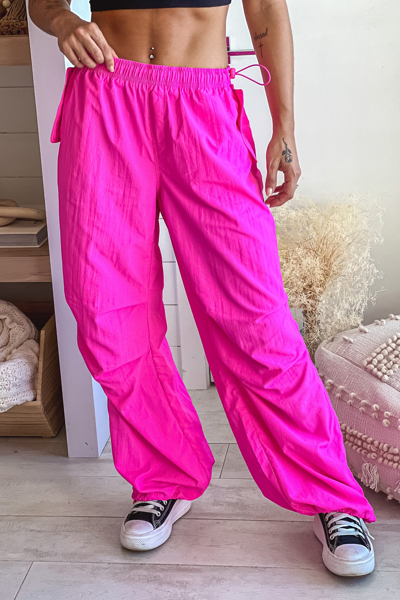 Stylish Hot Pink Adjustable Hem Relaxed Fit Pants