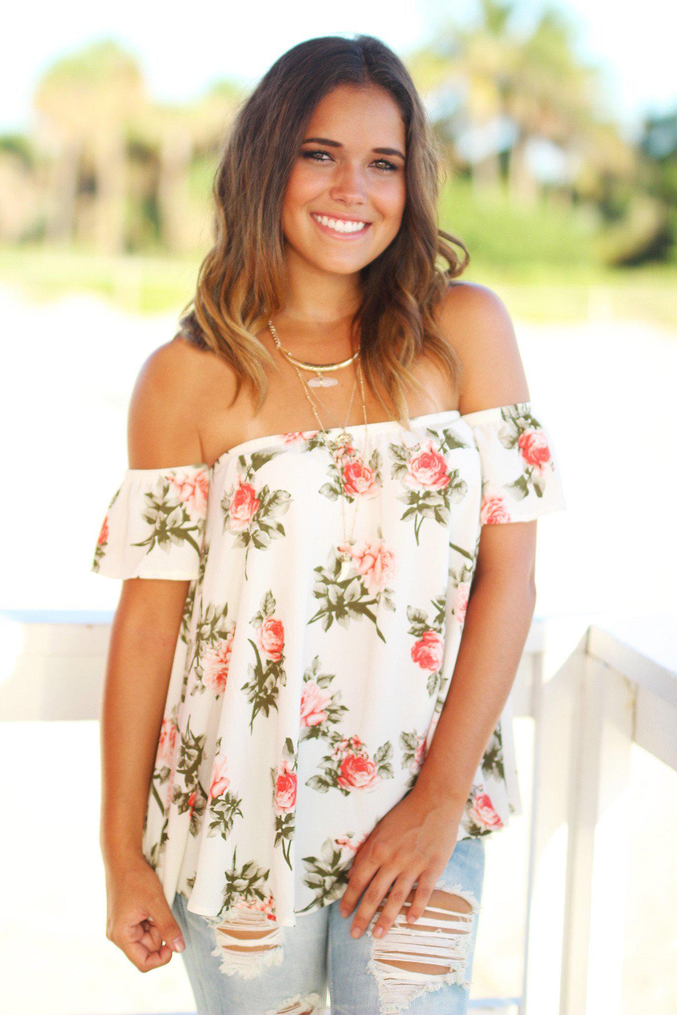 Cream Colored Floral Off-the-Shoulder Women's Fashion Top
