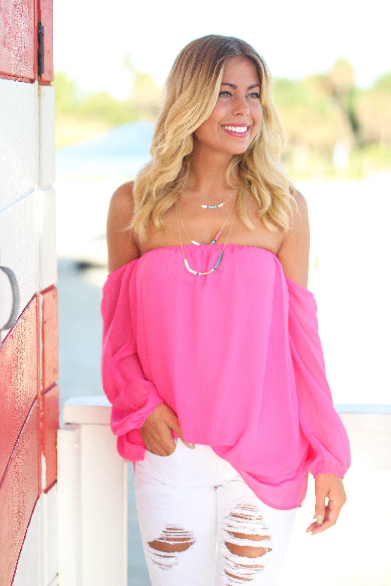 Stunning Hot Pink Long Sleeve Off - Shoulder Polyester Top