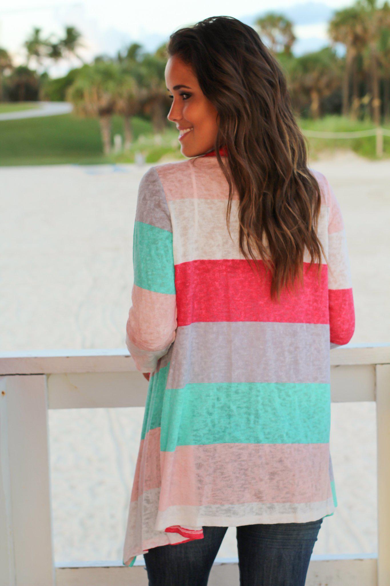 Stylish Mint and Coral Striped Open Cardigan for Adorable Look
