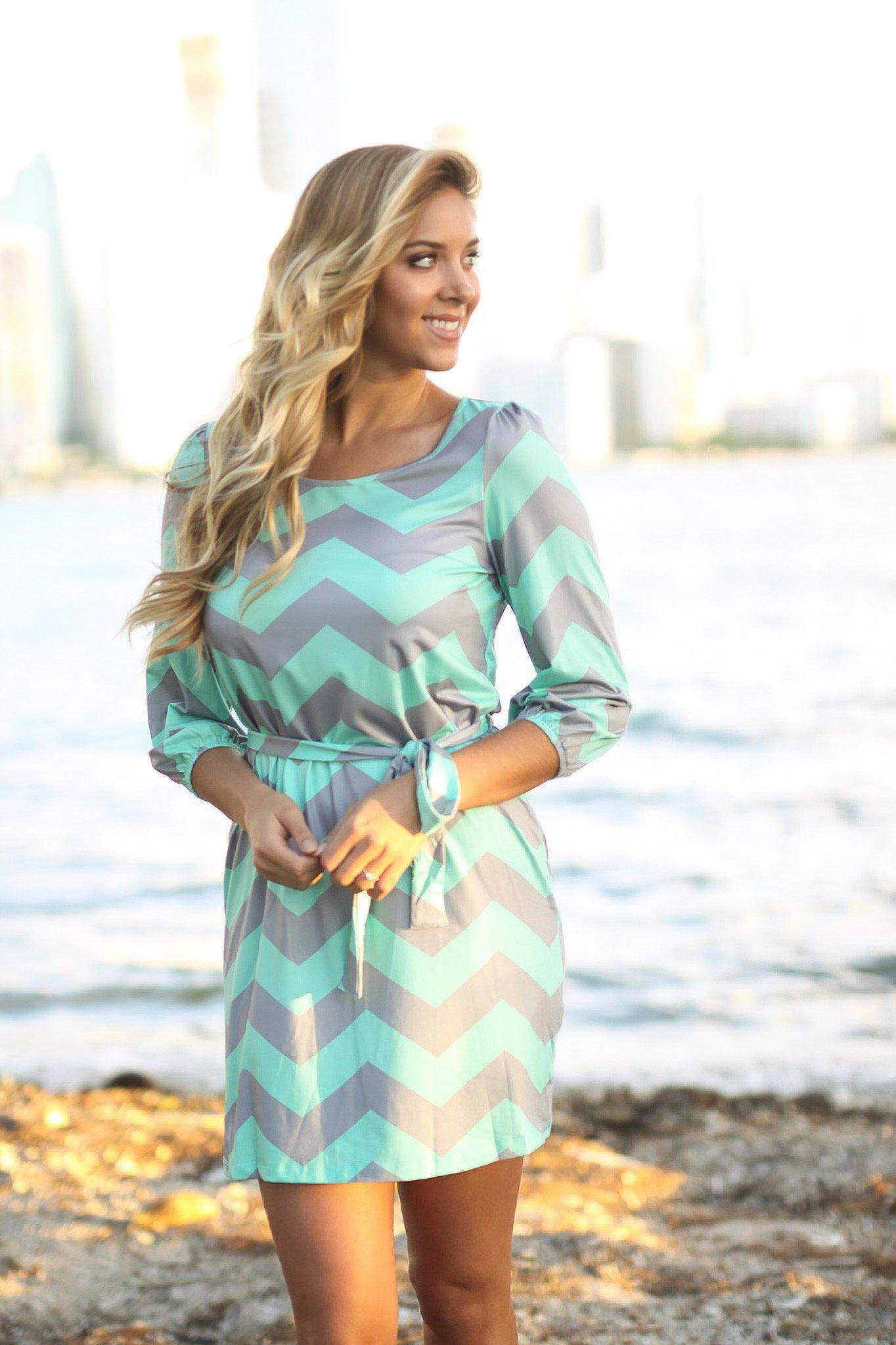 Stylish Mint and Silver Chevron Patterned Short Women's Dress