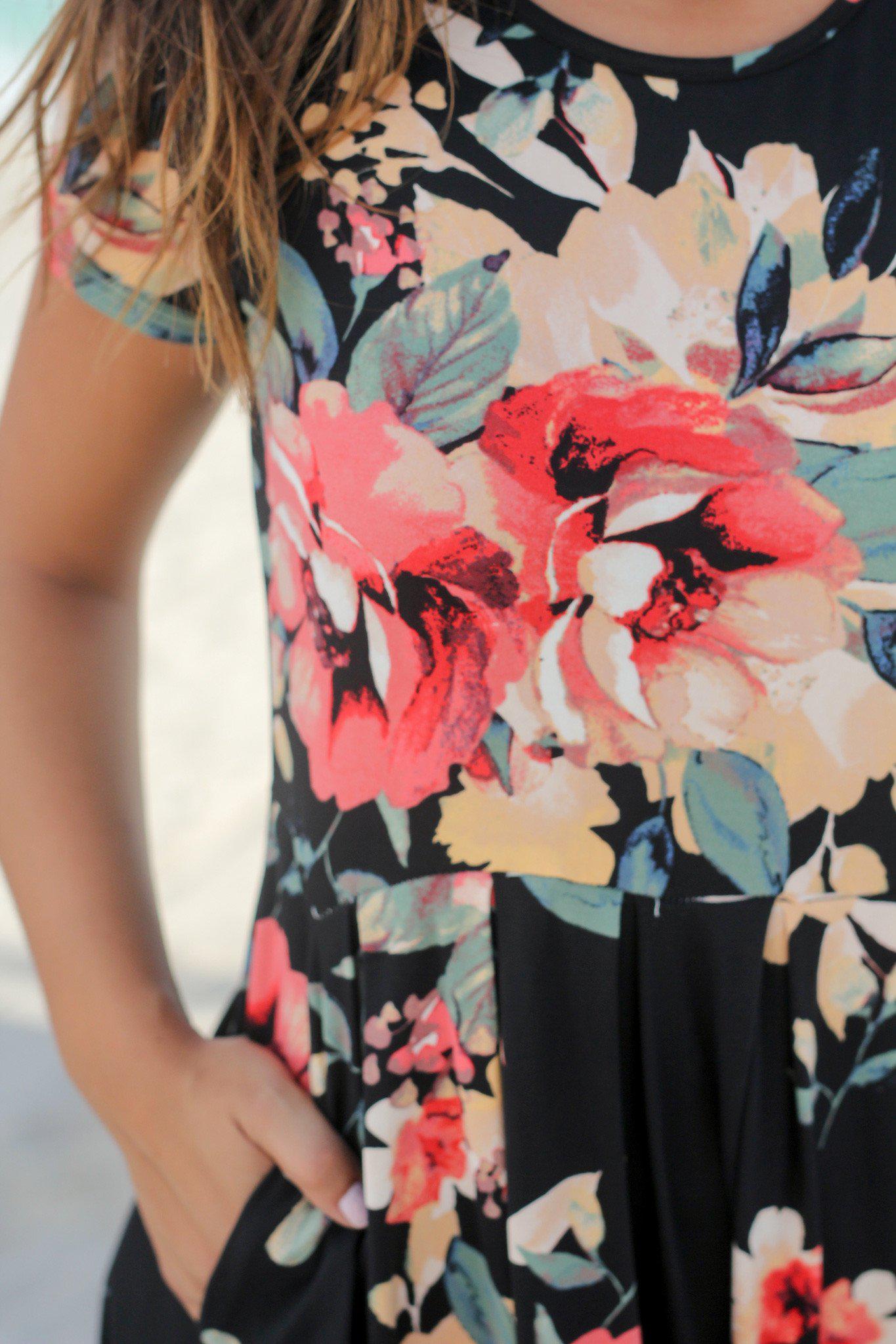 Stylish Black Floral Midi Dress with Pleated Skirt and Pockets