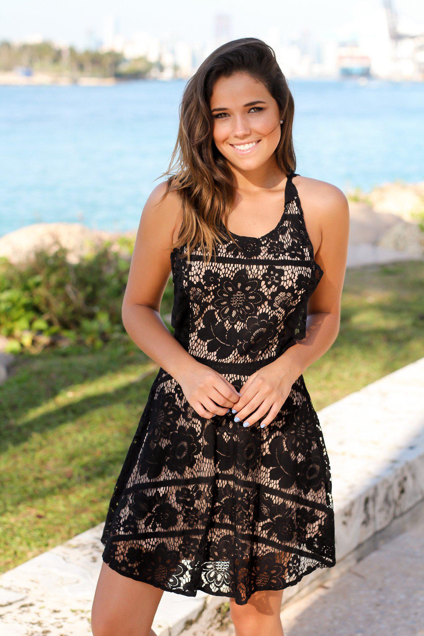 Stylish Women's Black All-Over Lace Short Dress Featuring Criss Cross Back Design