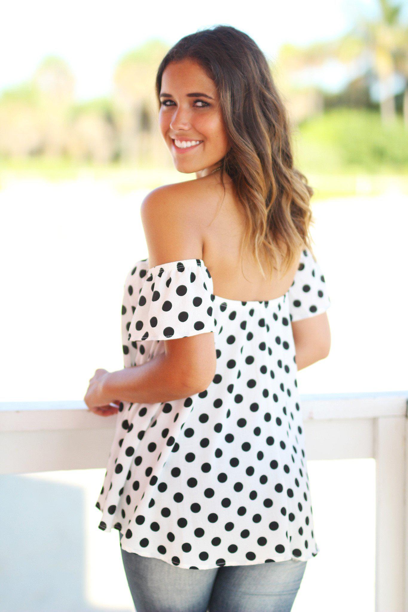 Stylish Ivory and Black Polka Dot Off-Shoulder Short-Sleeved Top
