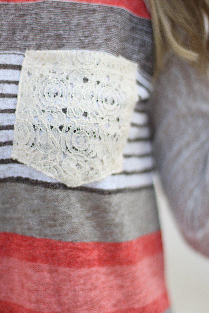 Stylish Coral and Yellow Striped Top with Cute Crochet Pocket