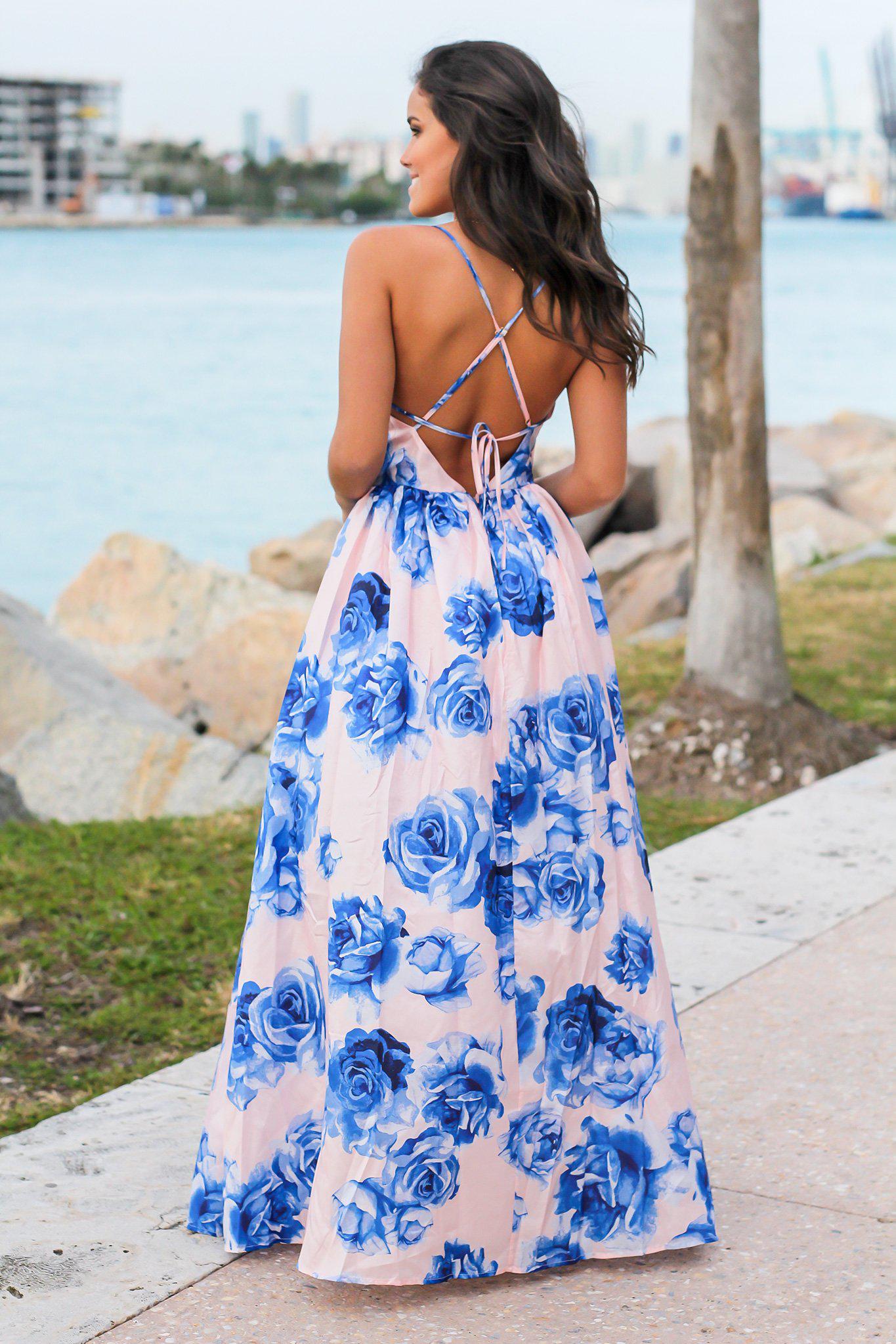 Formal Blush and Azure Floral Maxi Dress with Criss Cross Back Design