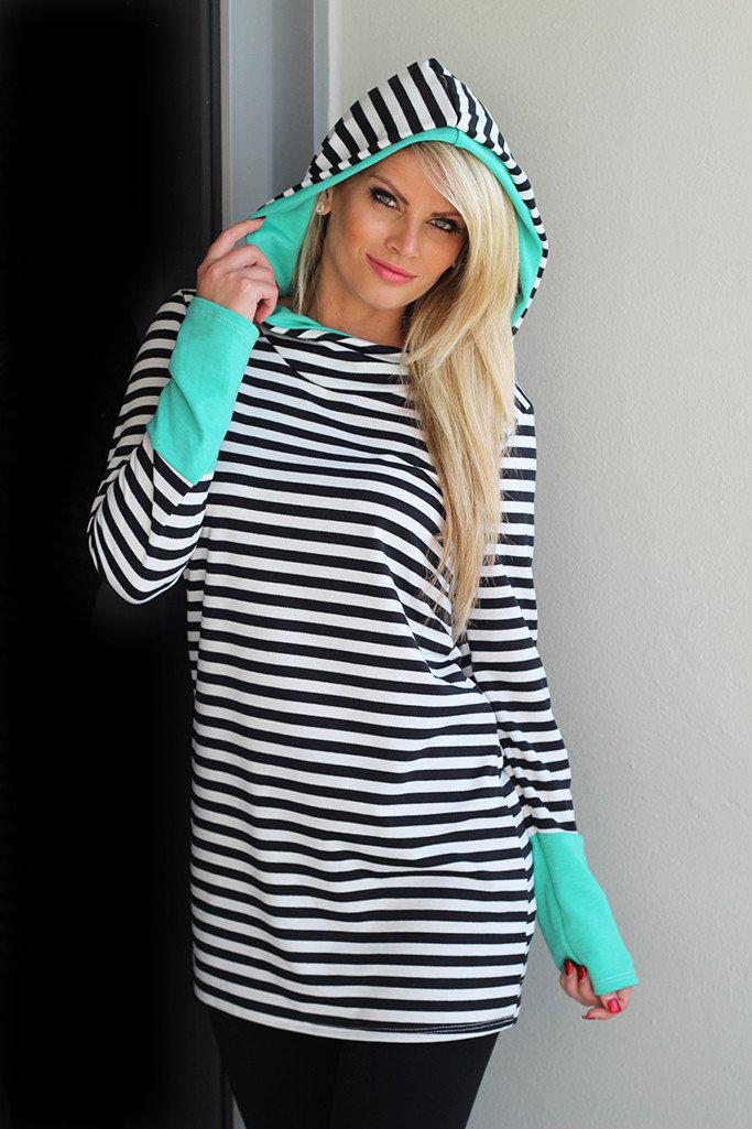 Soft Mint and Black Striped Hooded Tunic for Women's Daily Wear