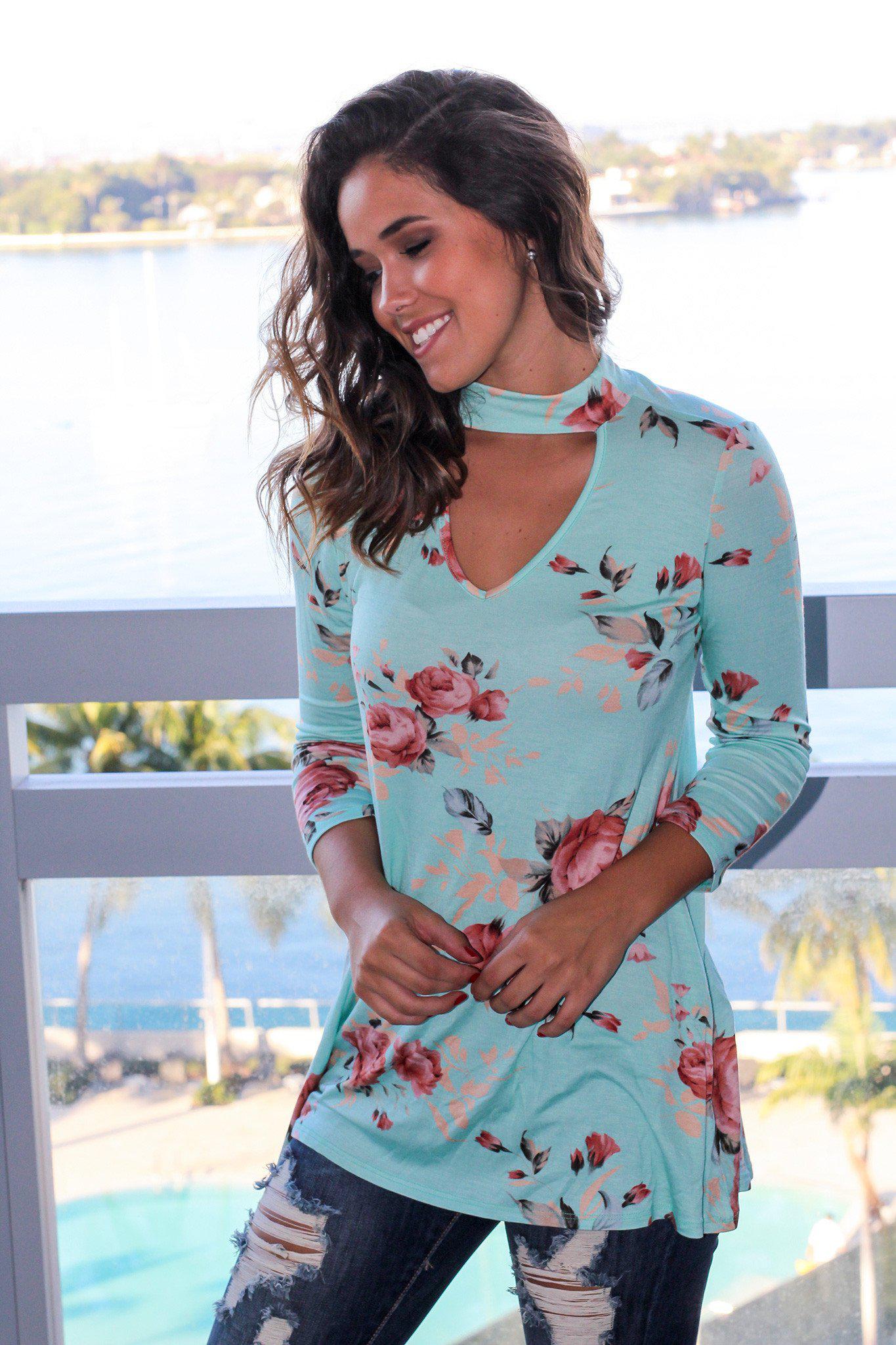 Adorable Mint Floral Mock Neck Loose-Fit Top for Casual or Dressy Wear