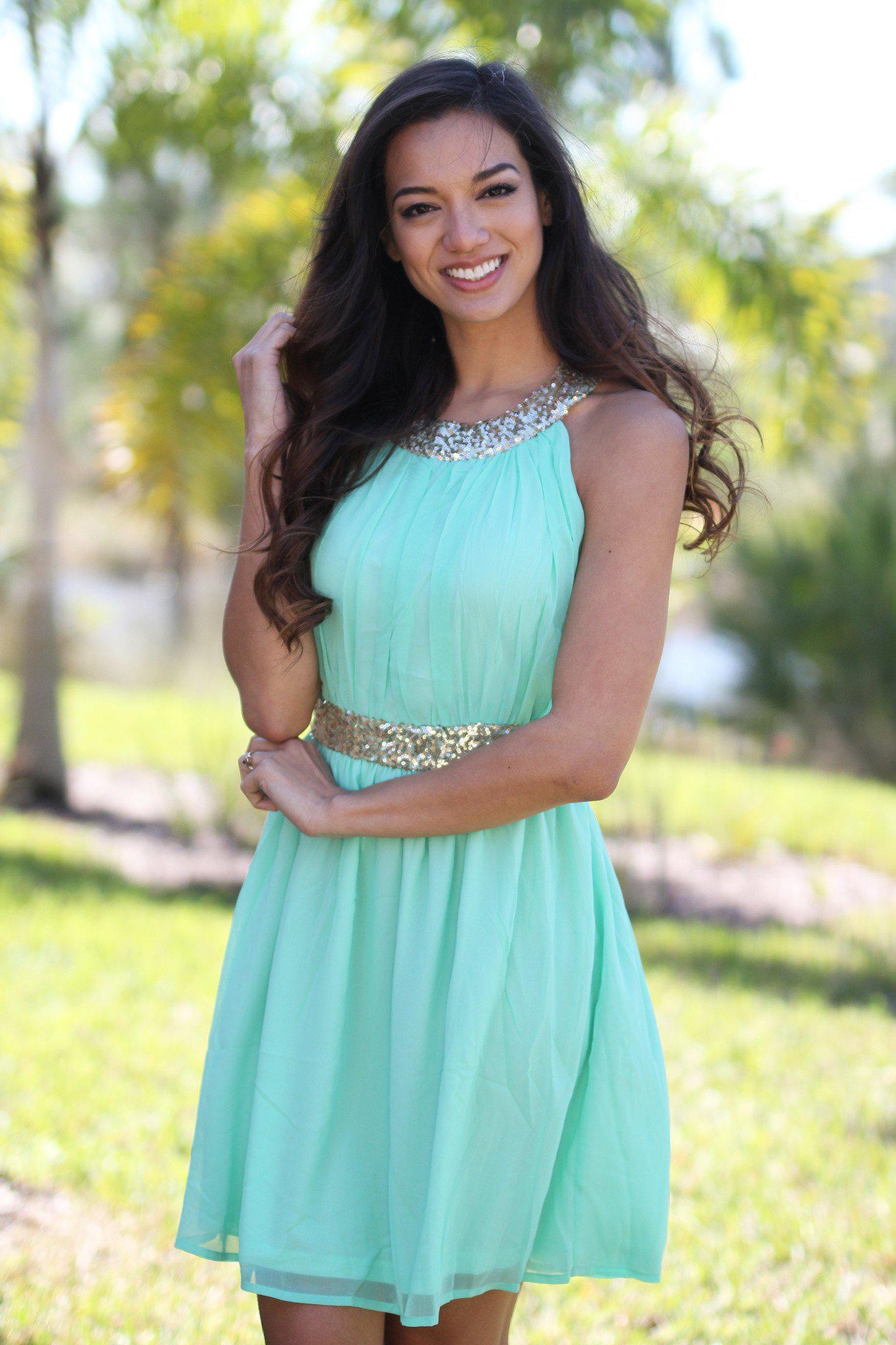 Stunning Mint and Shimmering Gold Sequin Evening Dress