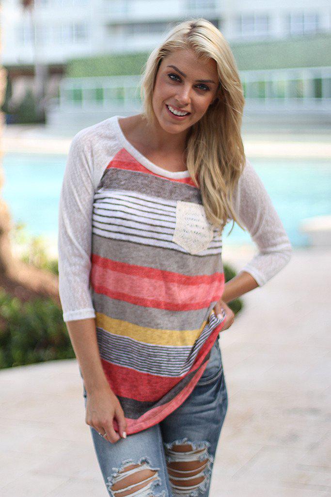 Stylish Coral and Yellow Striped Top with Cute Crochet Pocket