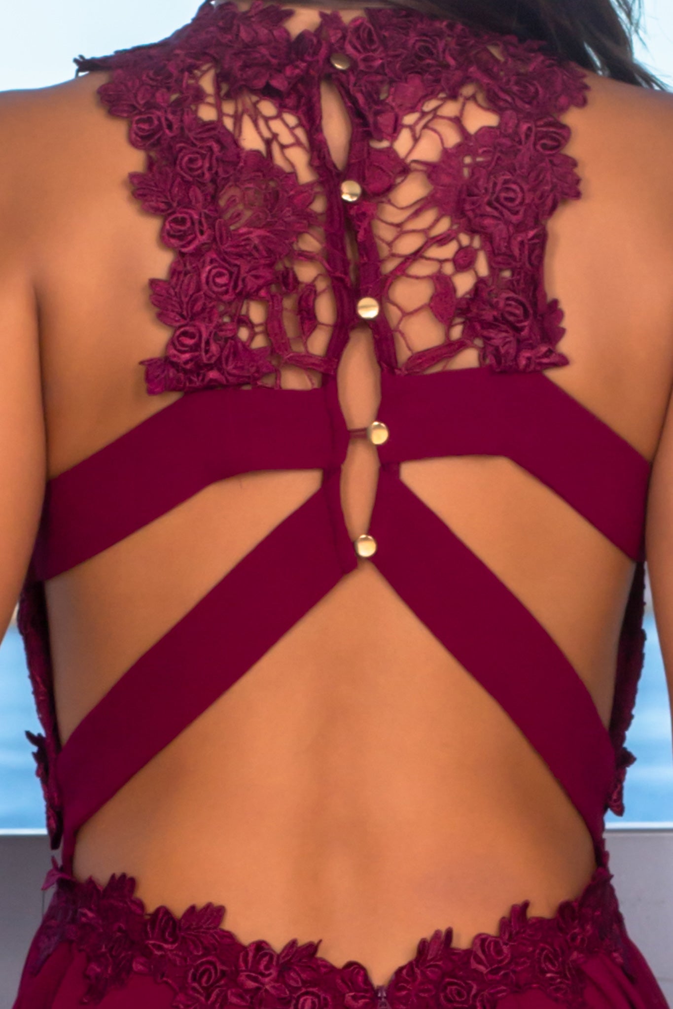 Stylish Merlot Embroidered Sleeveless Maxi Dress with Strappy Back