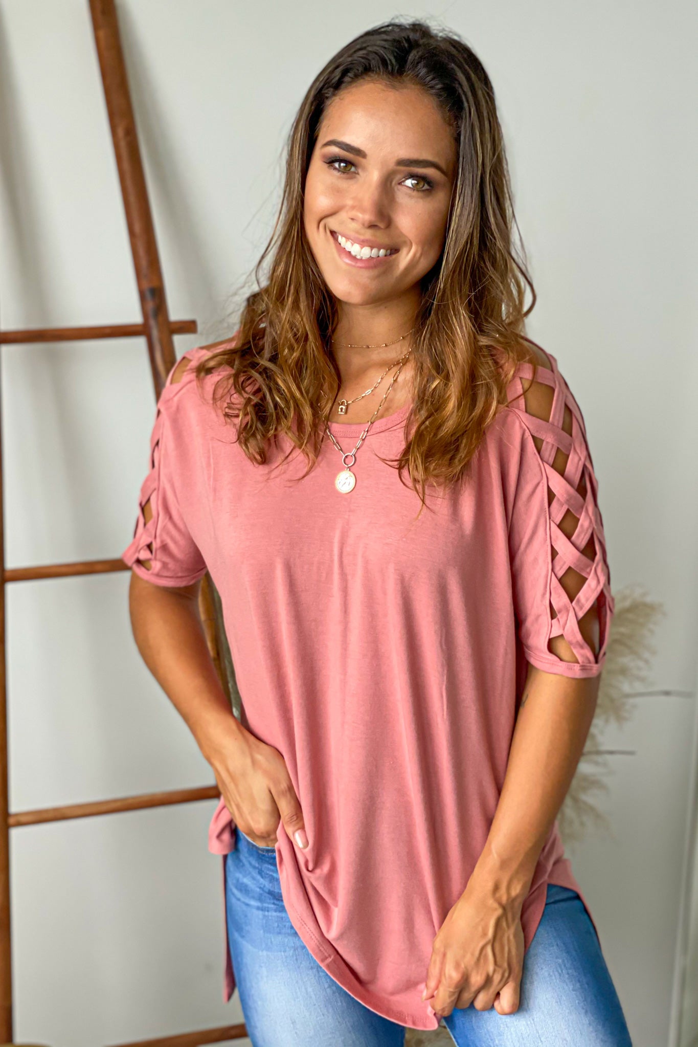 Stylish Mauve Women's Oversized Top Featuring Fashionable Strappy Details