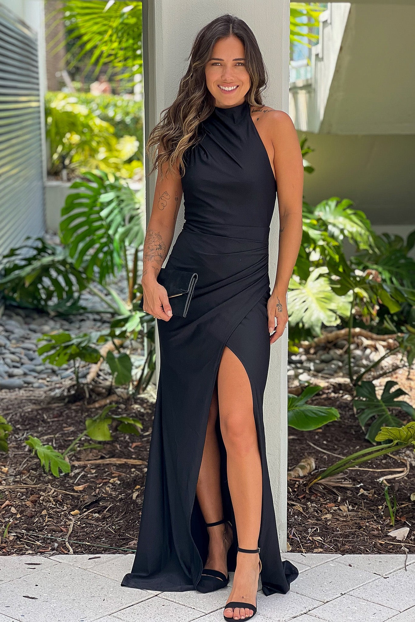 Elegant Black Halter Style Maxi Formal Dress with Front Slit