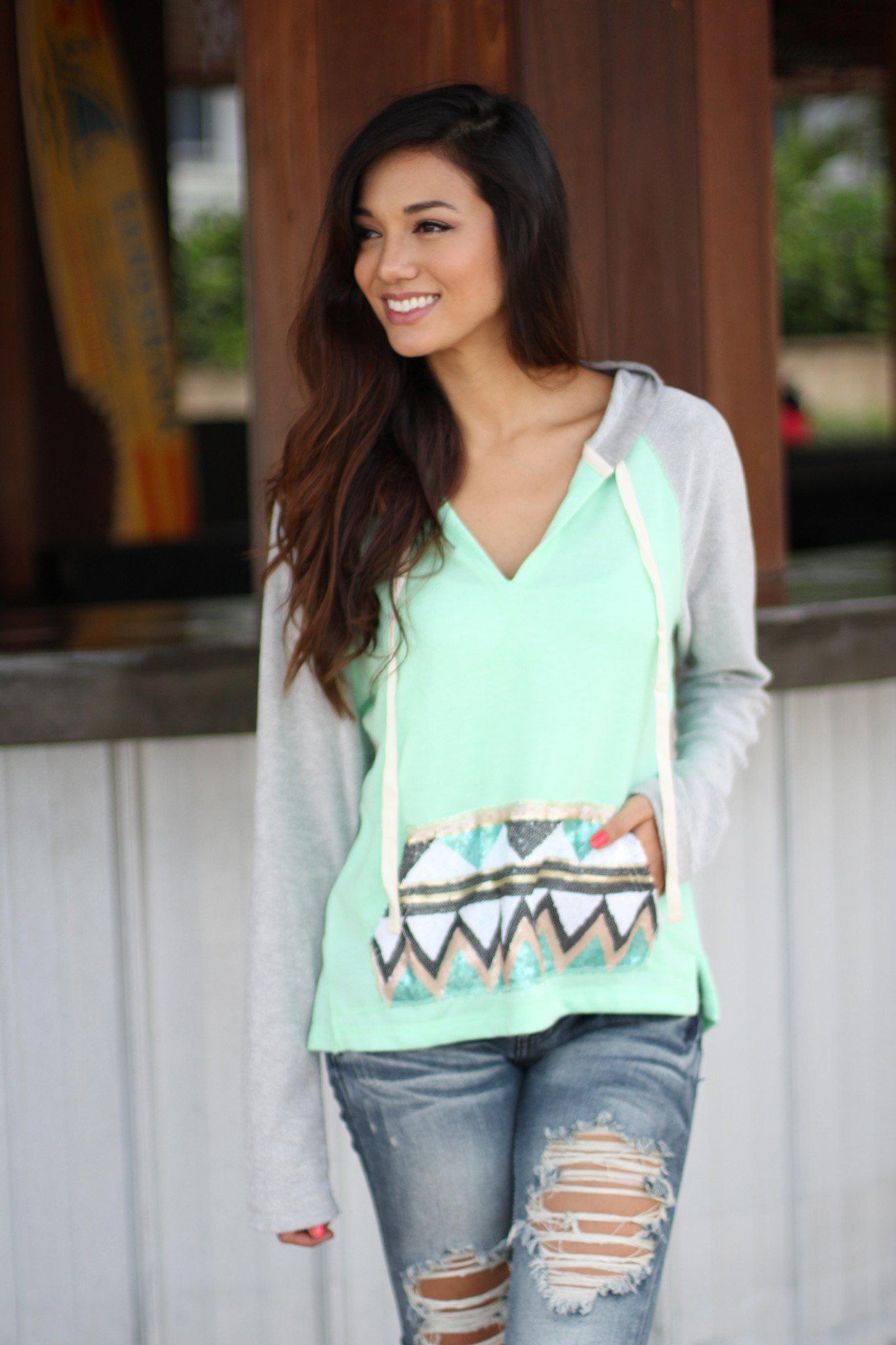 Stylish Mint and Gray Sequined Hooded Sweater for Winter