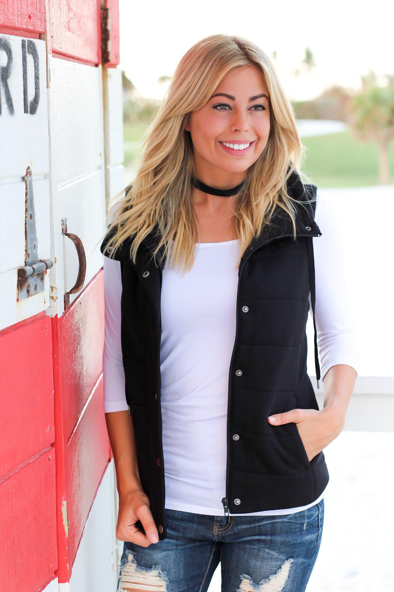 Stylish Black Quilted Hooded Vest with Waist Drawstring and Pockets