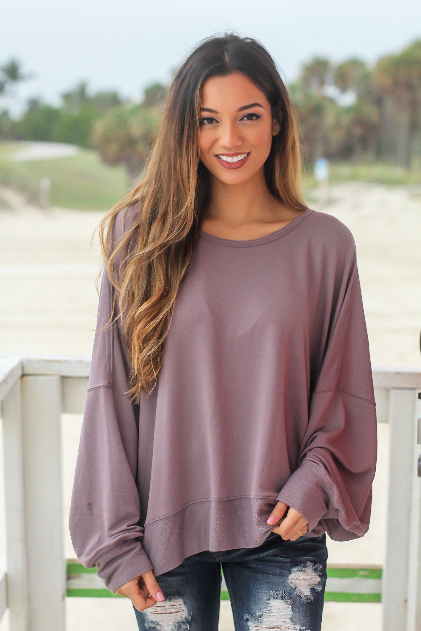 Midnight Colored Oversized Women's Long - Sleeved Top with an Open Back Design