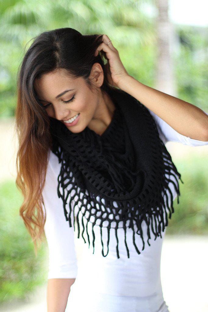 Super Soft and Lightweight Black Infinity Fringe Scarf for Fall/Winter 2015