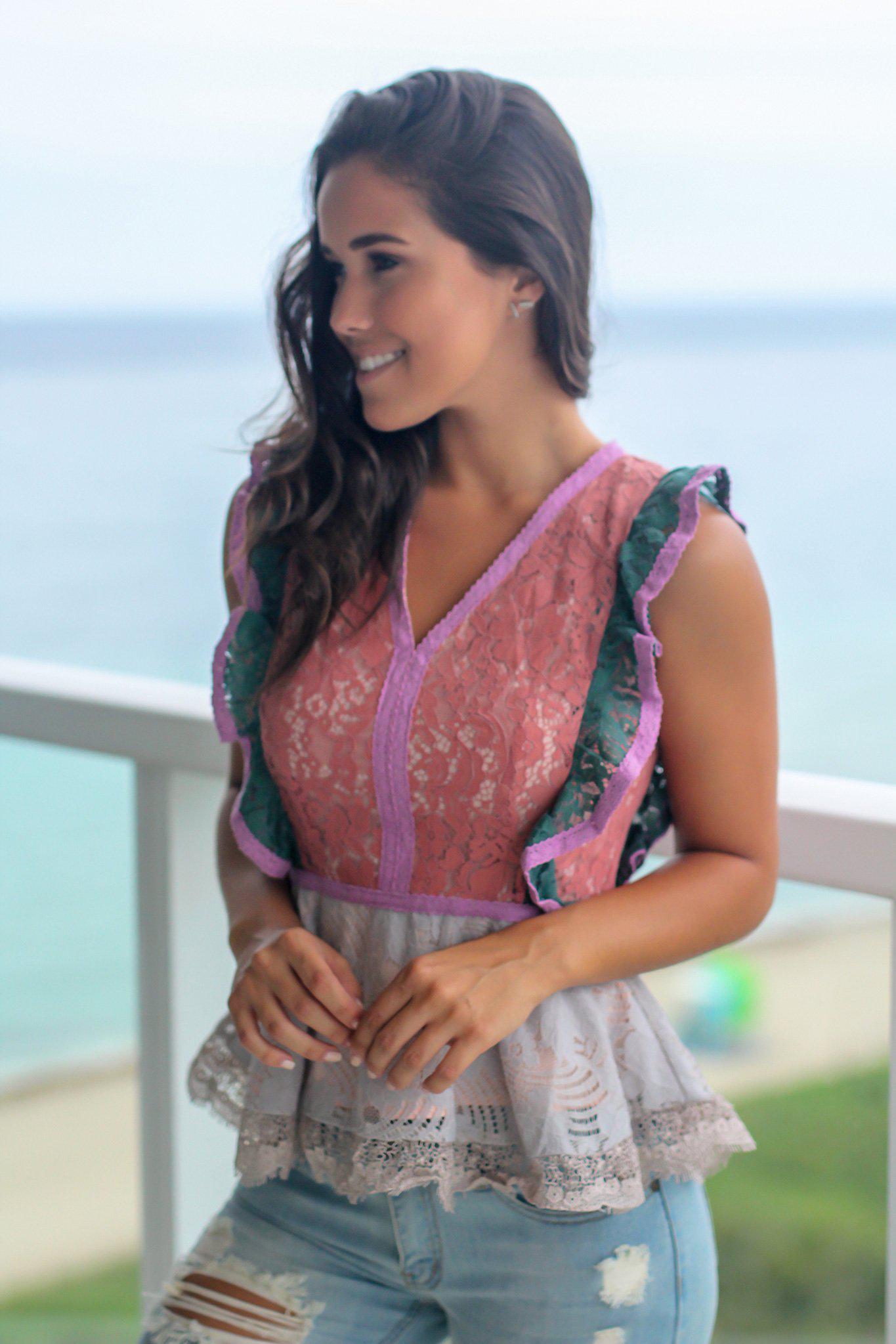 Adorable Blush-Colored Lace Women's Top with Charming Ruffle Detail