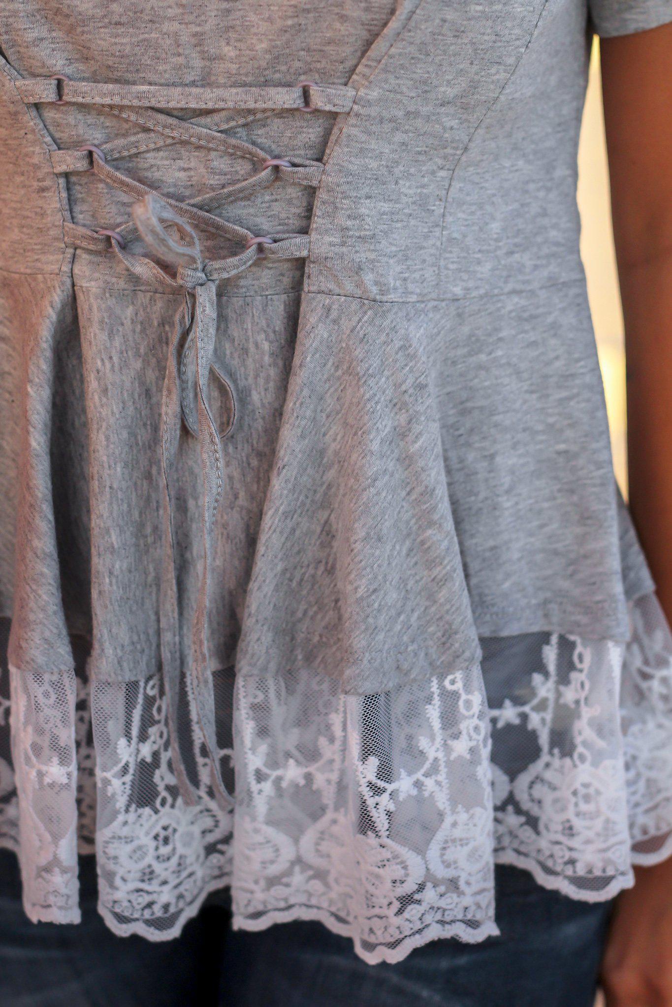 Stylish Heather Gray Women's Top with Lace Trim and Corset Waist Design